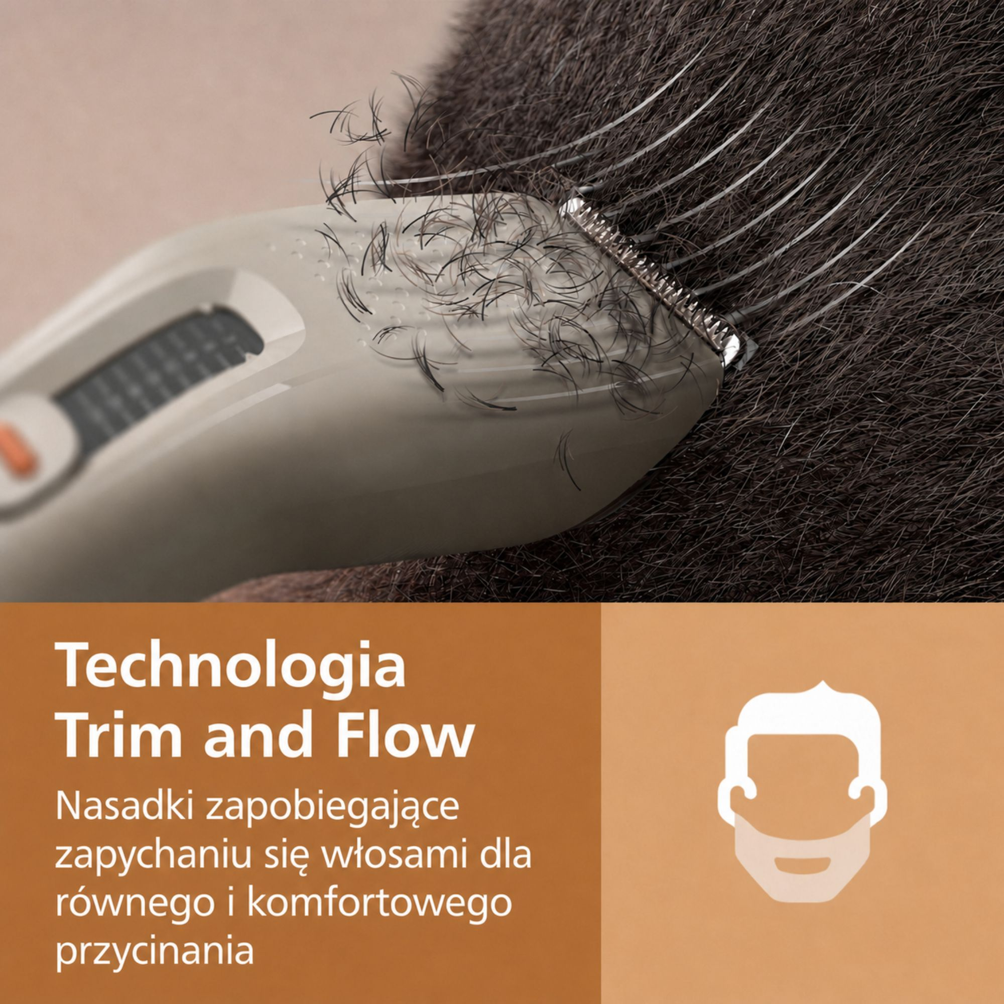 Maszynka do strzyżenia włosów z technologią Trim and Flow zapobiegającą zapychaniu.
