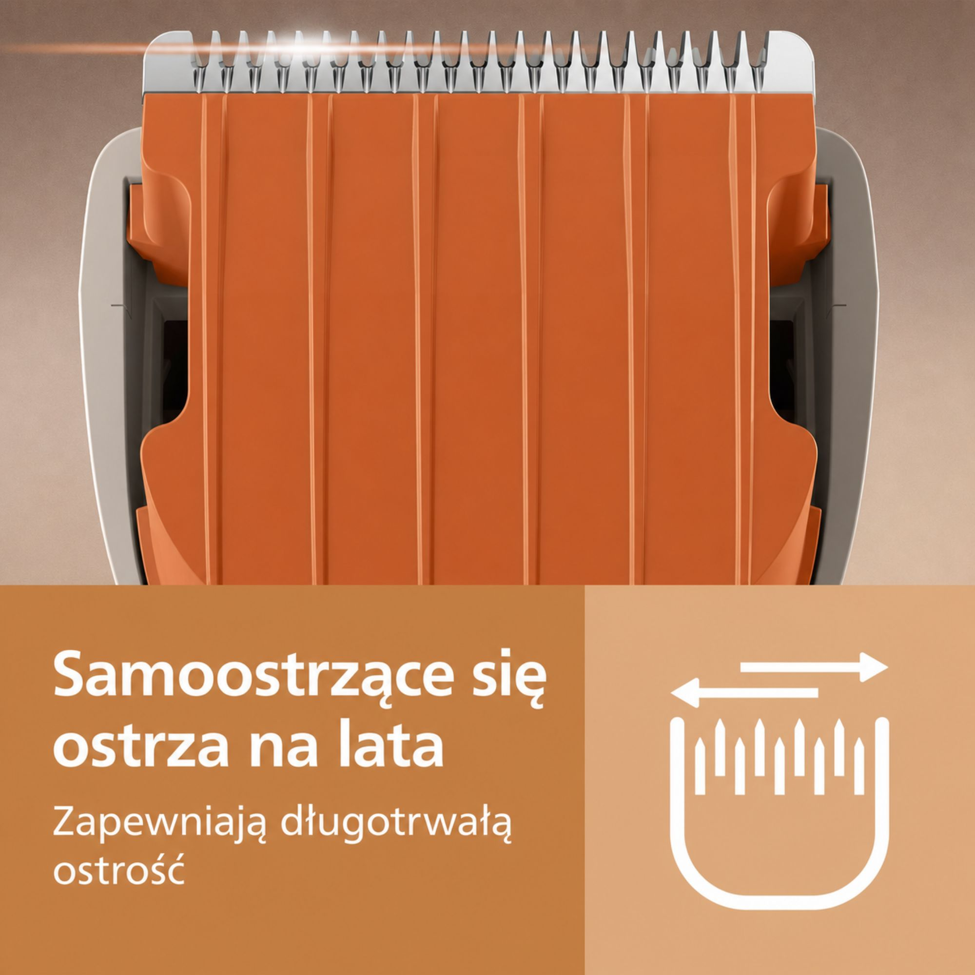 Zbliżenie ostrzy trymera z pomarańczową nasadką i tekstem na tle.