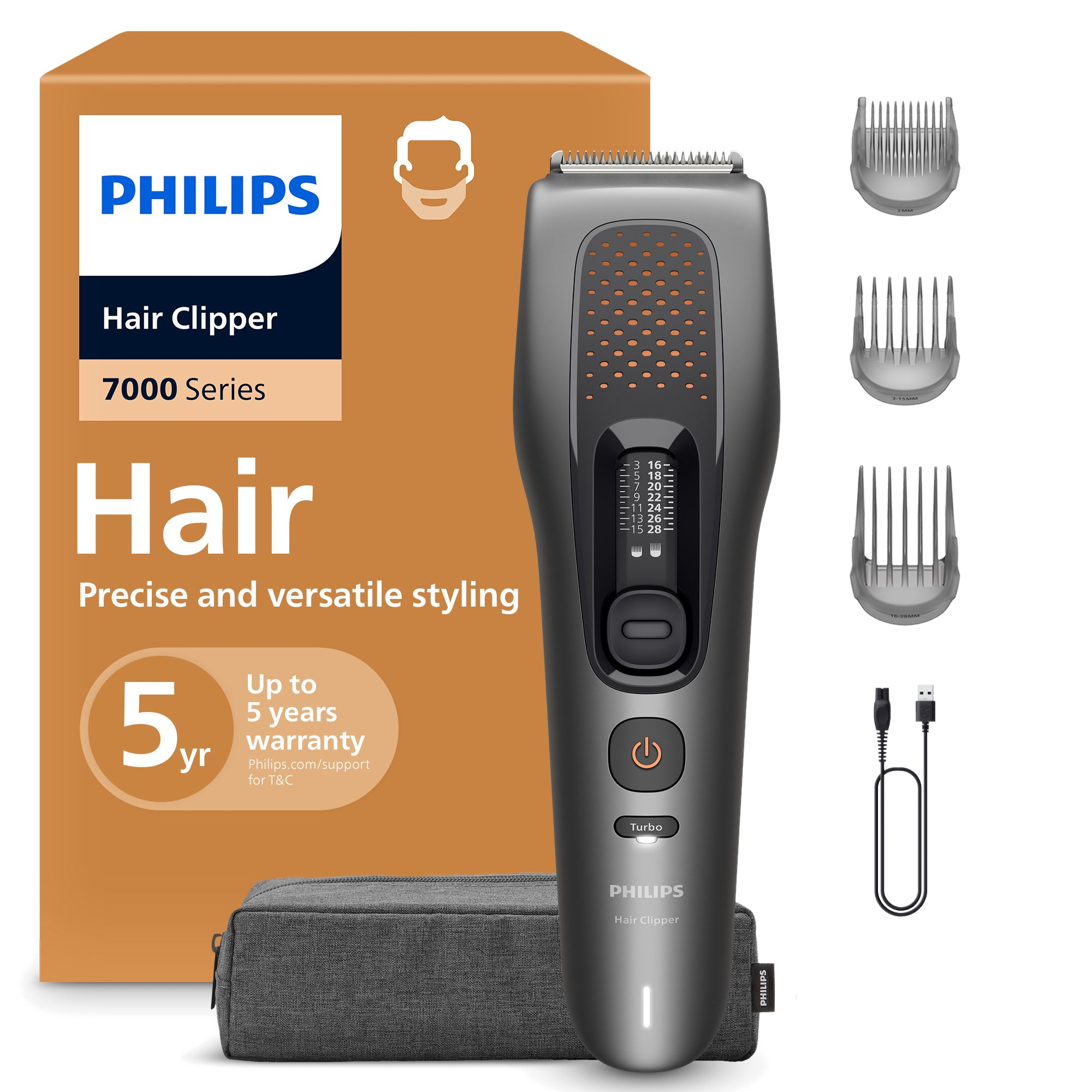 Maszynka do strzyżenia włosów Philips Series 7000 z etui, trzema nasadkami i kablem ładowania.