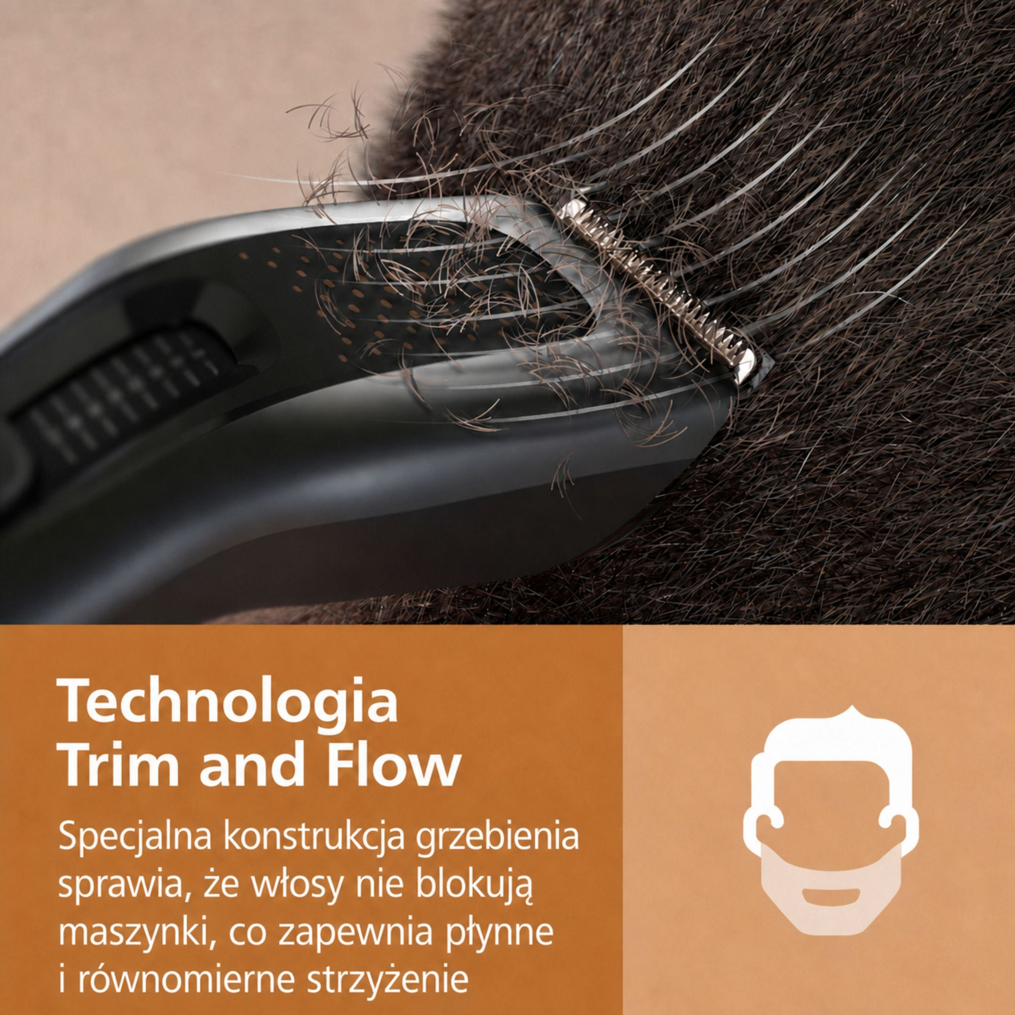 Maszynka do strzyżenia gęstych włosów z technologią Trim and Flow dla równego cięcia.