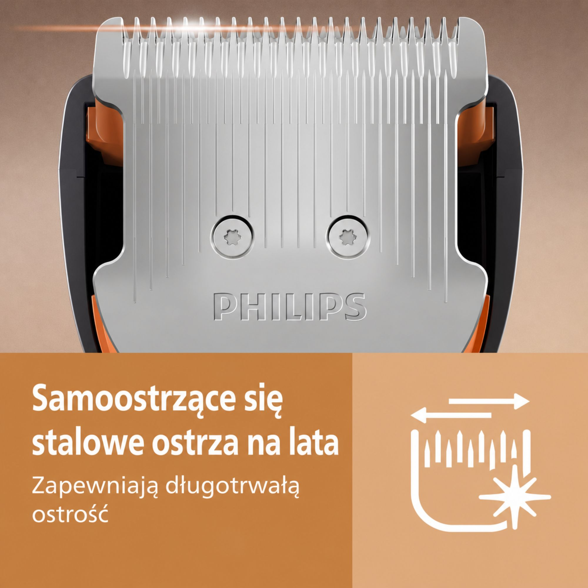 Zbliżenie stalowych ostrzy maszynki do strzyżenia Philips z polskim tekstem.