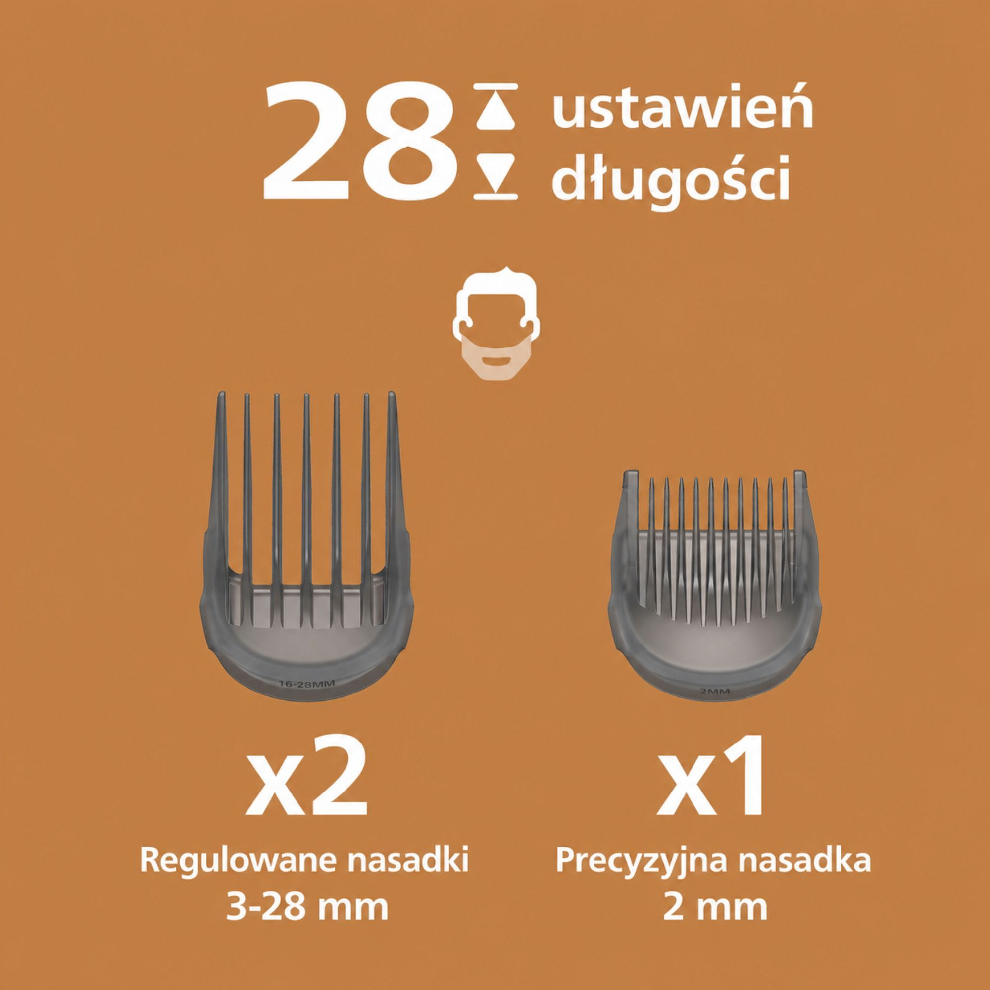Nasadki do trymera z 28 ustawieniami długości, dwie nasadki regulowane i jedna precyzyjna na brązowym tle.