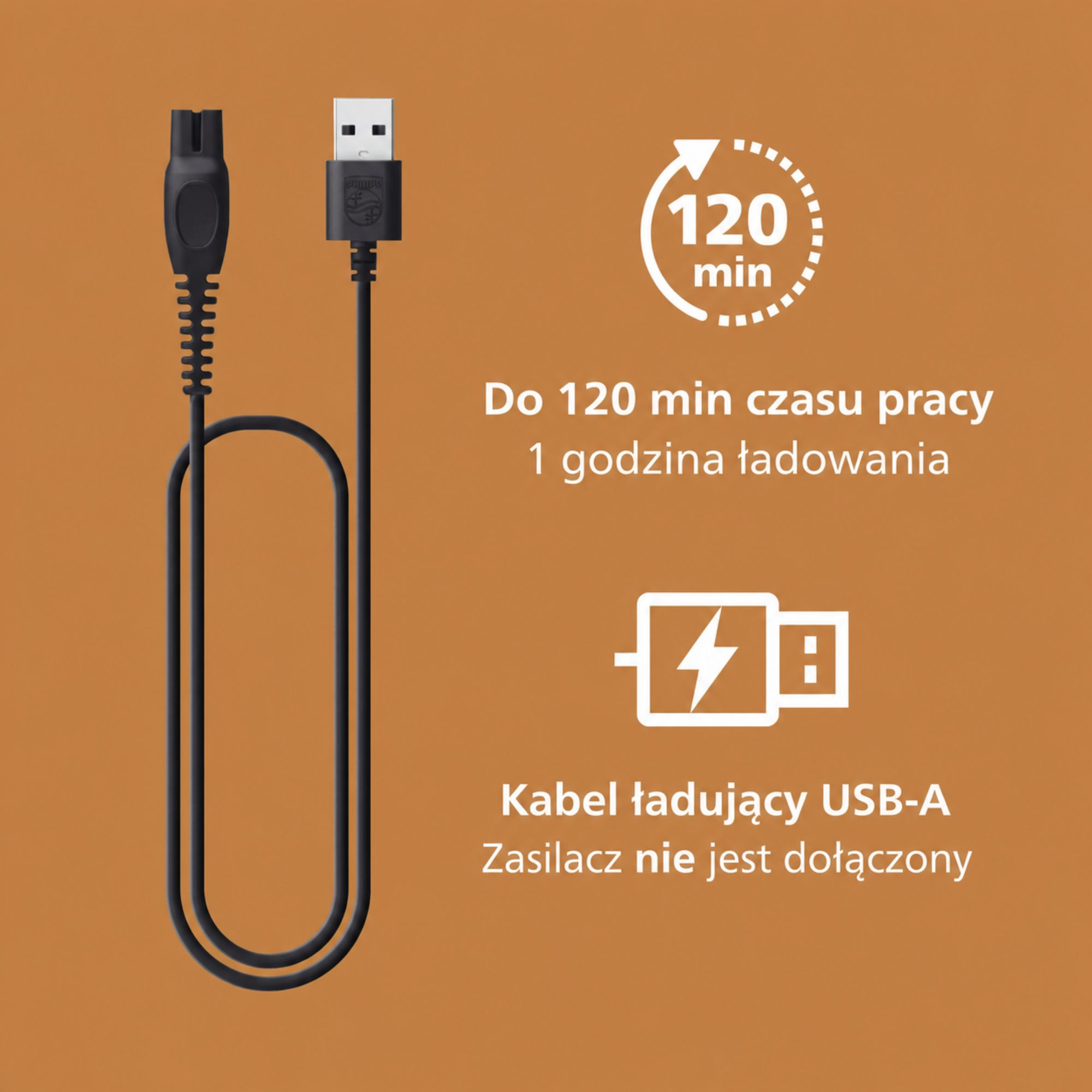 Czarny kabel ładujący USB na brązowym tle z polskim tekstem.