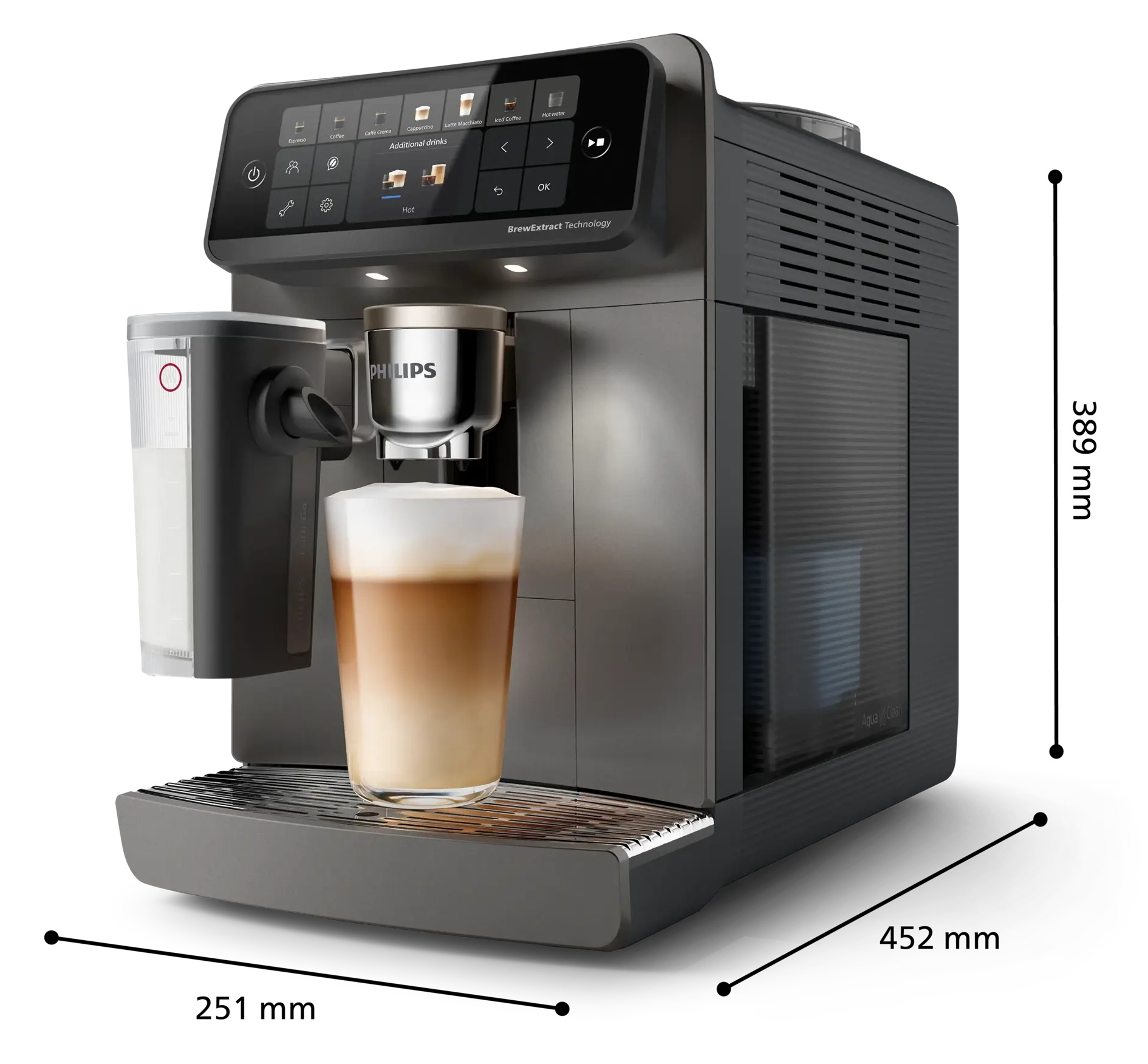 Szary ekspres automatyczny Philips z wyświetlaczem, pojemnikiem na mleko i szklanką latte macchiato.
