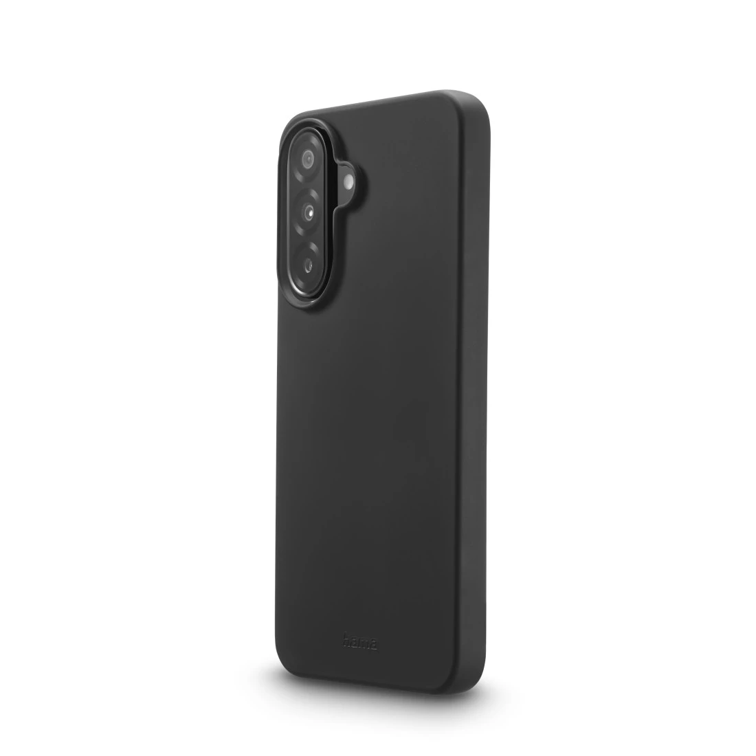 Schwarze Smartphone-Hülle mit Kameraausschnitt und Hama-Logo auf weißem Hintergrund.