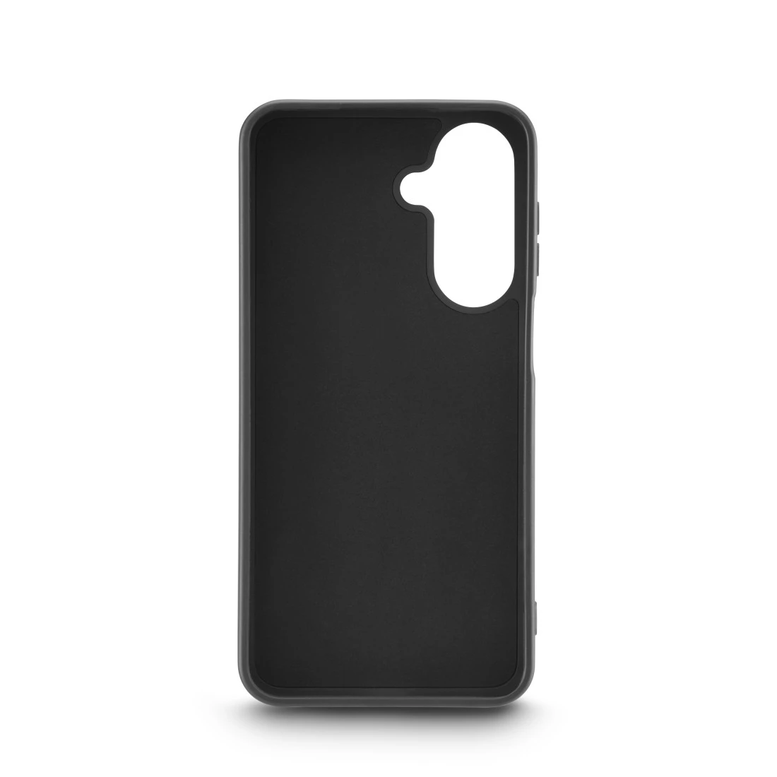 Eine schwarze Smartphone-Hülle mit präzisen Ausschnitten für Kamera und Anschlüsse auf weißem Hintergrund.