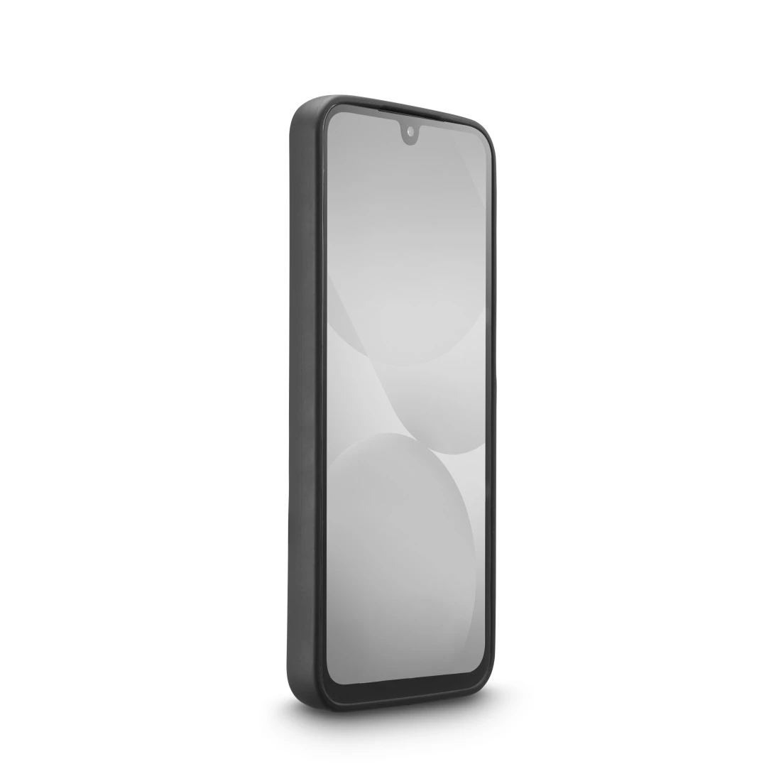 Ein schwarzes Smartphone mit Schutzhülle und hellem Display steht schräg auf weißem Hintergrund.