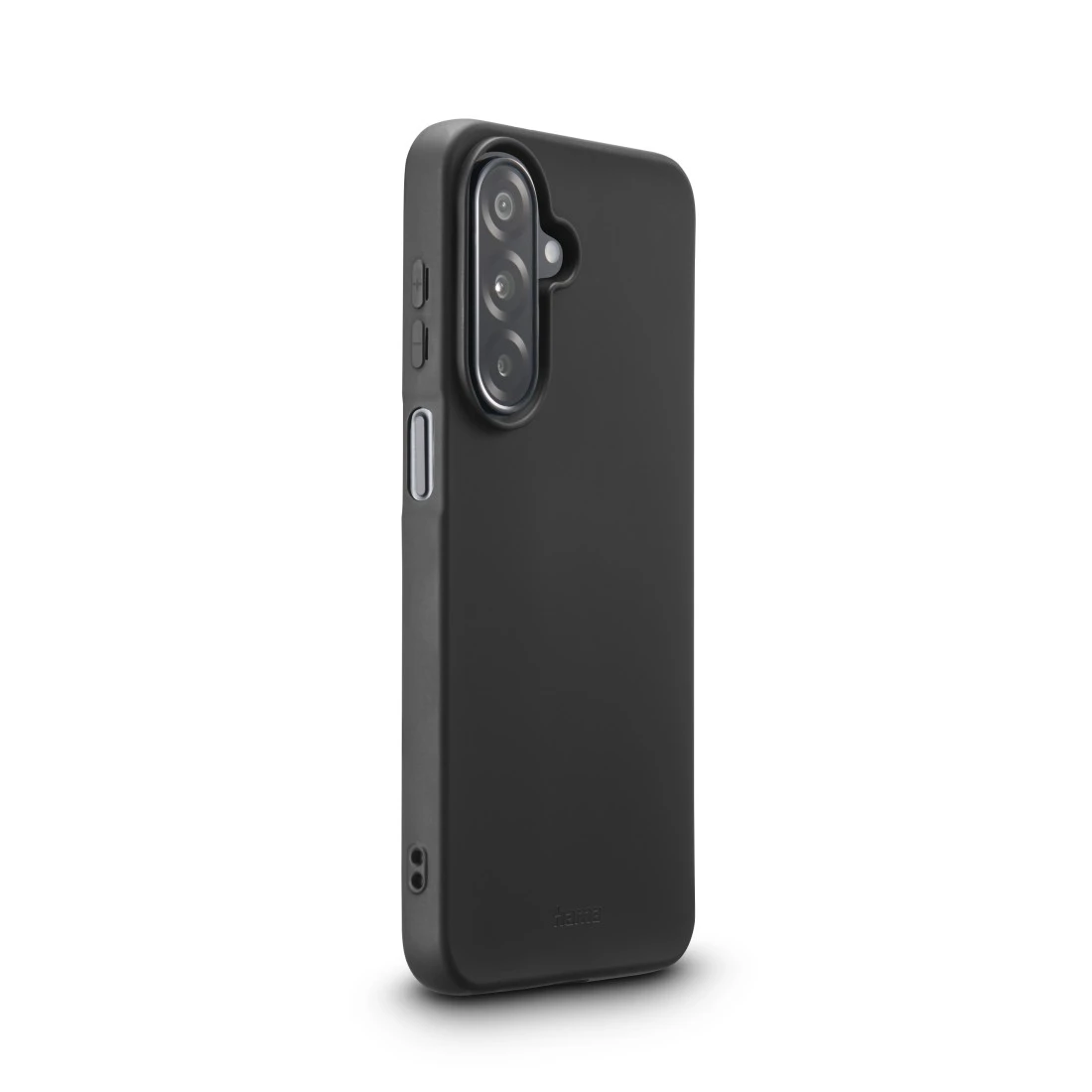 Schwarze Smartphone-Hülle in einer vertikalen Ansicht auf weißem Hintergrund.