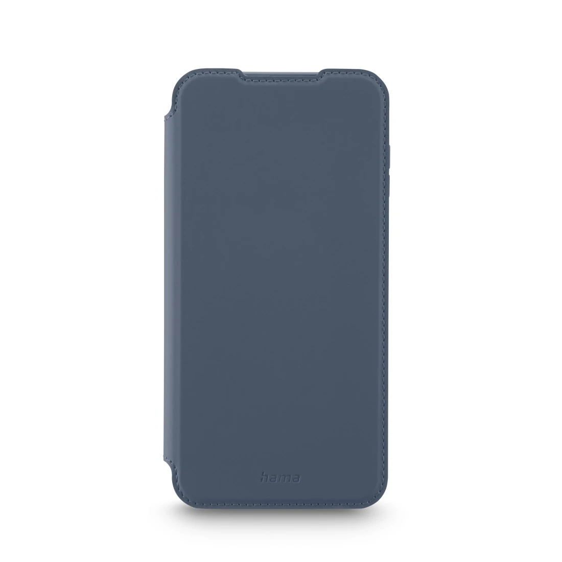 Blaue Smartphone-Flip-Hülle mit sichtbaren Nähten und Hama-Logo auf weißem Hintergrund.