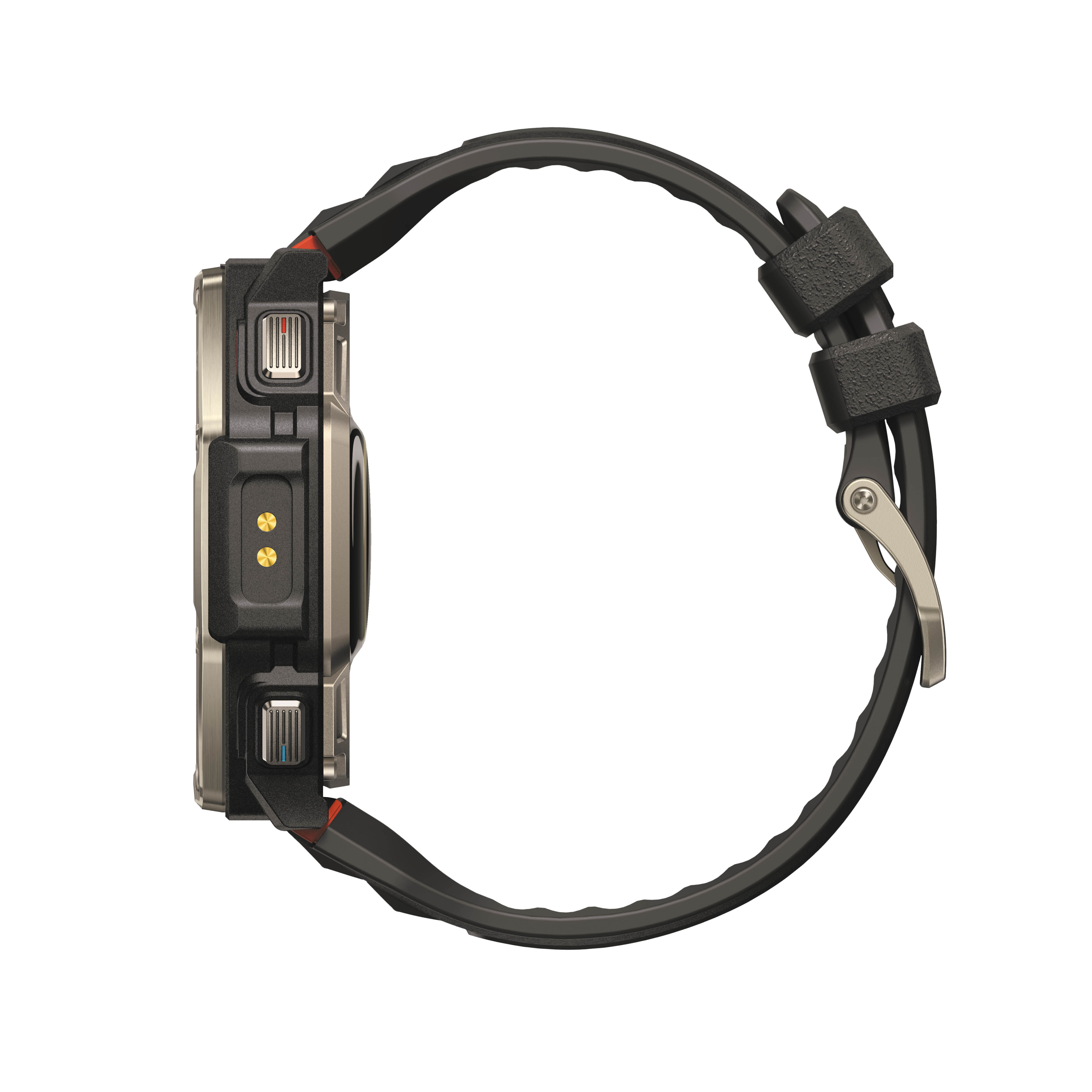 Seitenansicht einer robusten Smartwatch mit schwarzem Armband auf weißem Hintergrund.