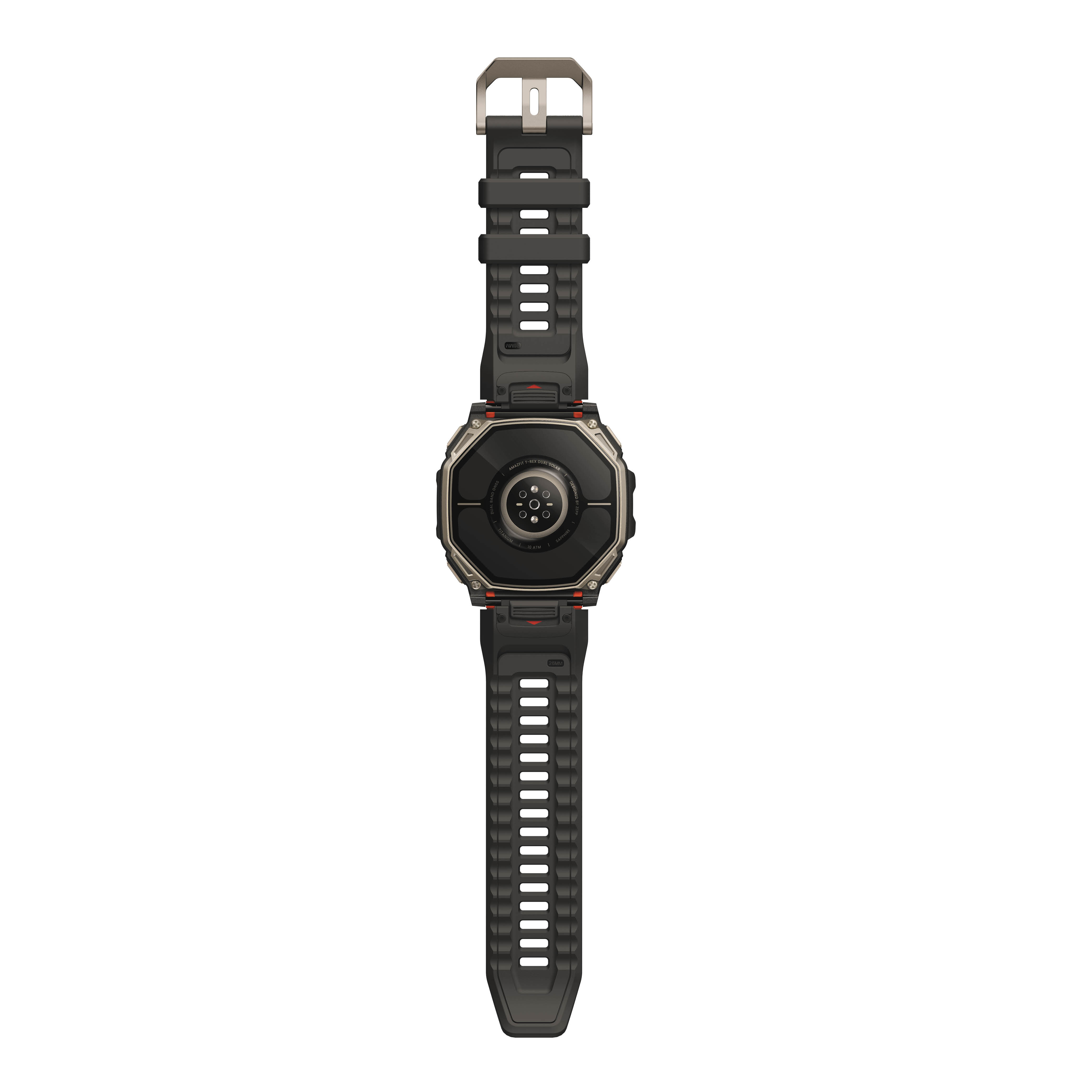 Rückseite einer schwarzen Smartwatch mit Sensor und strukturiertem Armband.