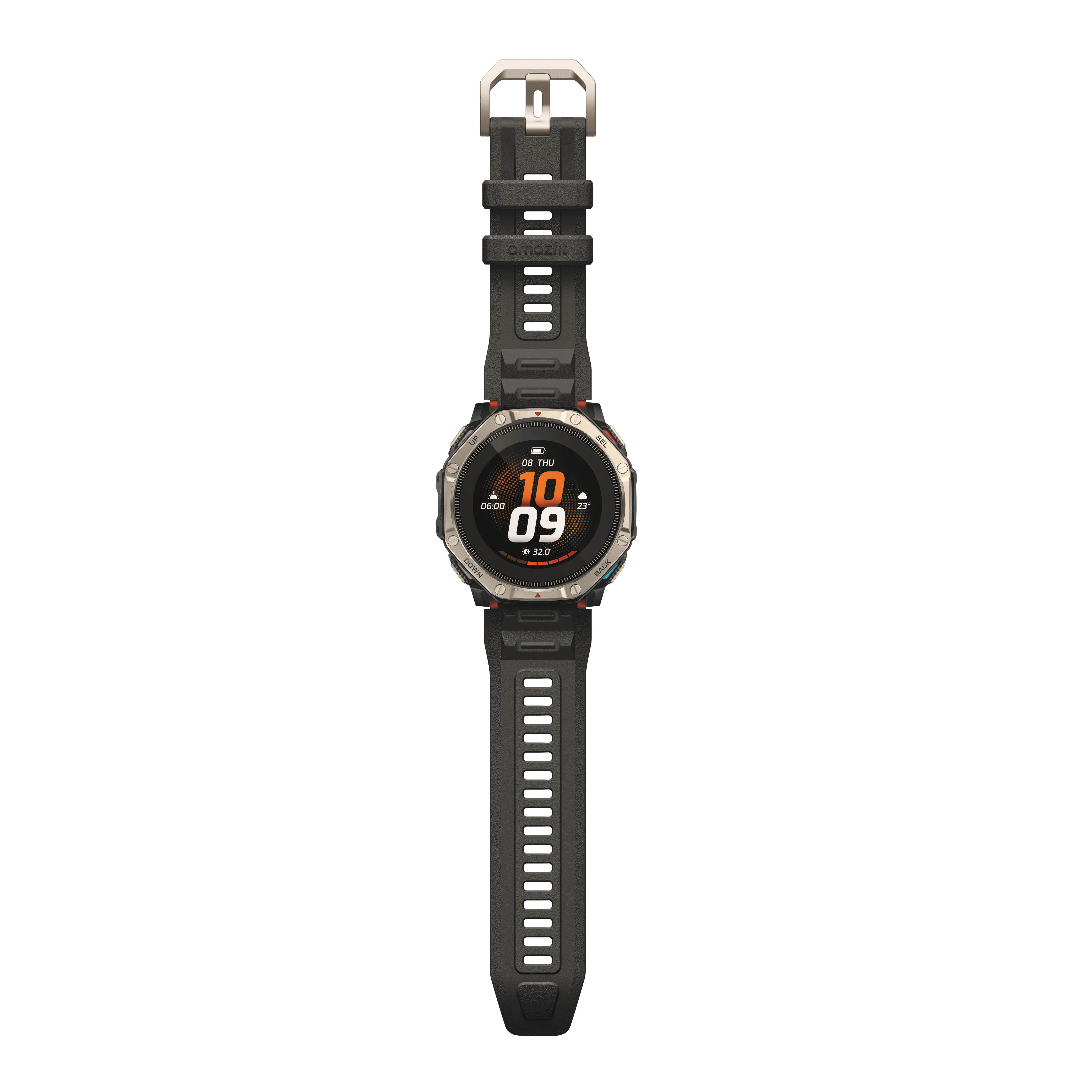 Eine schwarze Smartwatch mit robustem Gehäuse, digitalem Zifferblatt und gelochtem Silikonarmband auf weißem Hintergrund.