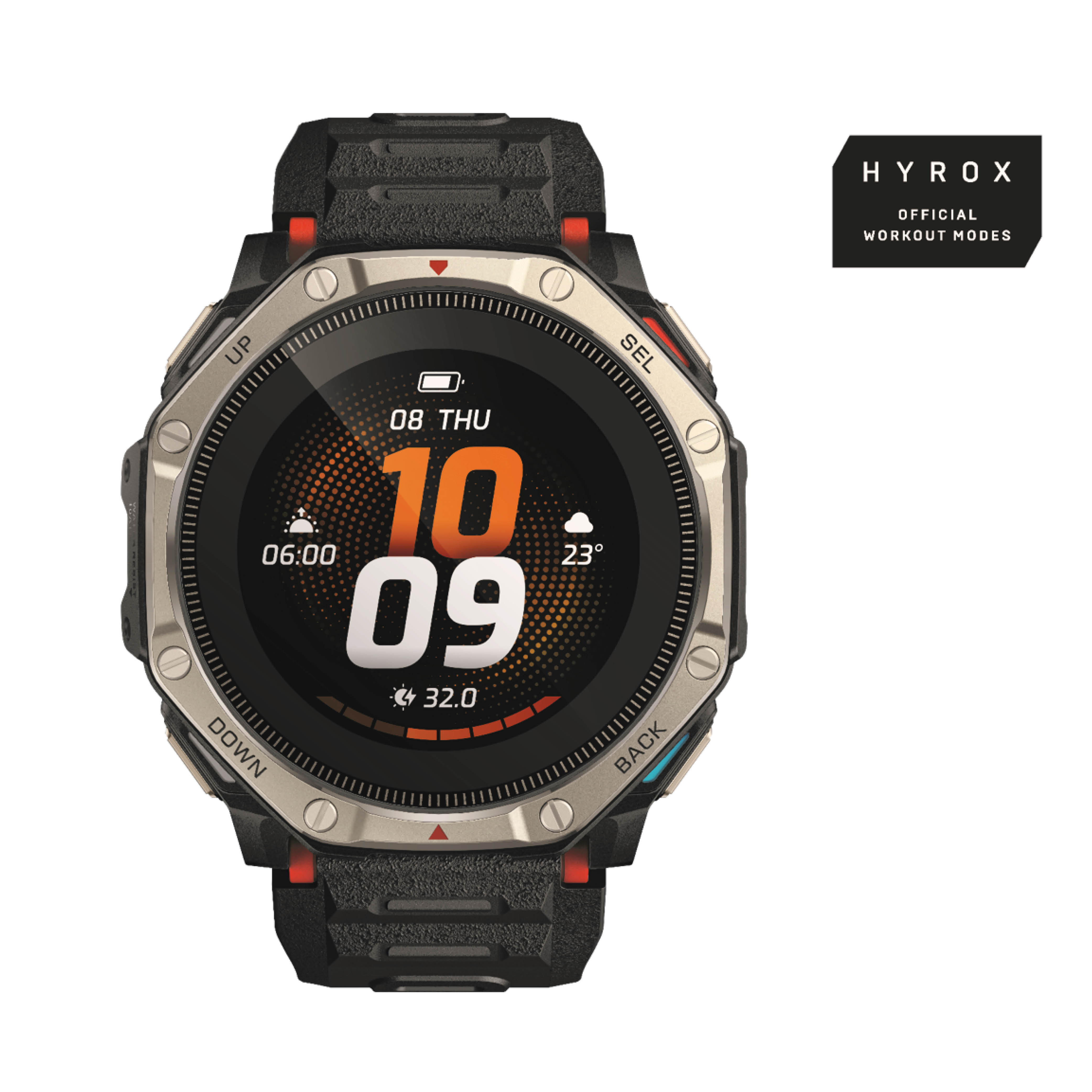 Robuste Outdoor-Sportuhr mit digitalem Zifferblatt und Hyrox-Logo.