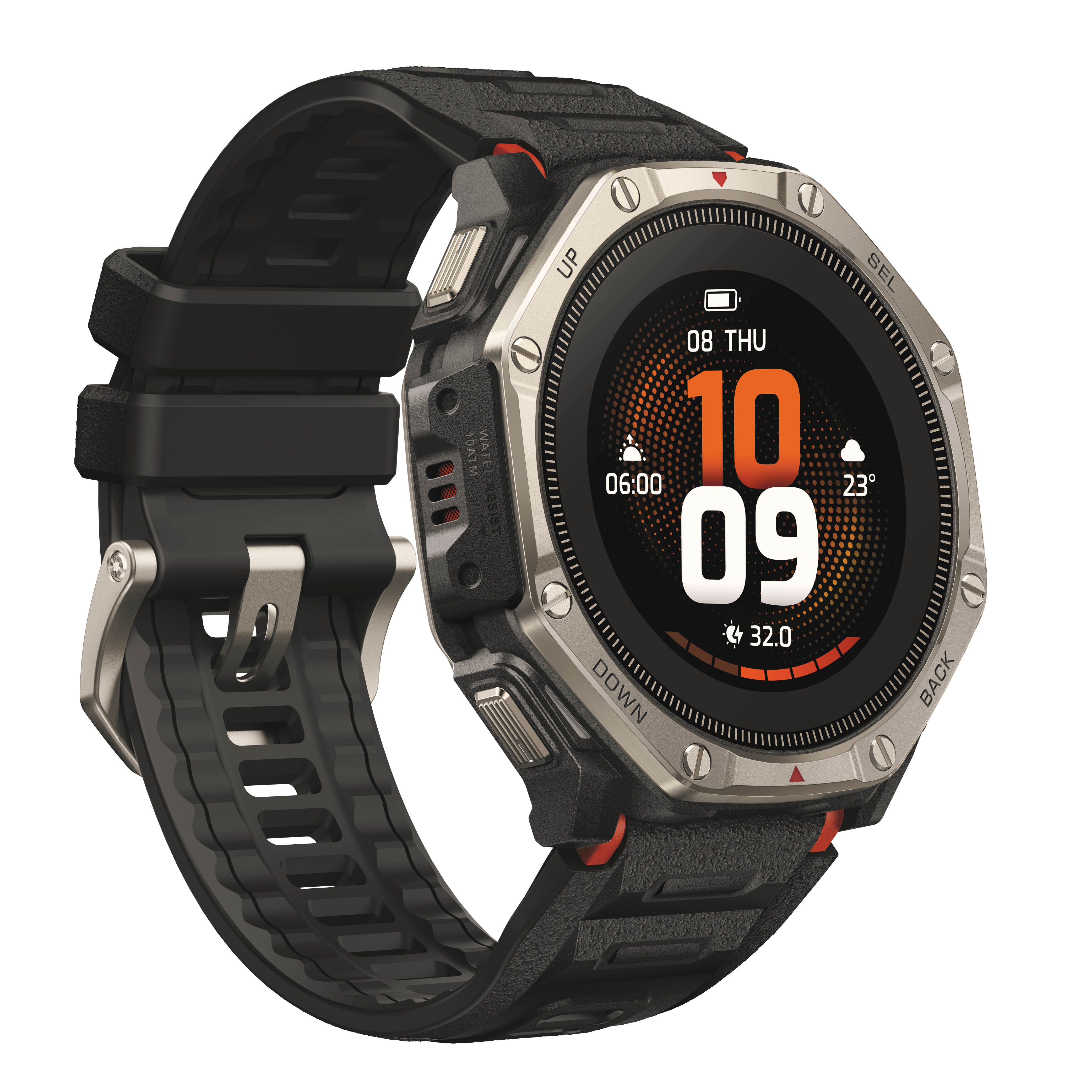 Robuste schwarze Smartwatch mit silberner Lünette und digitalem Zifferblatt auf weißem Hintergrund.