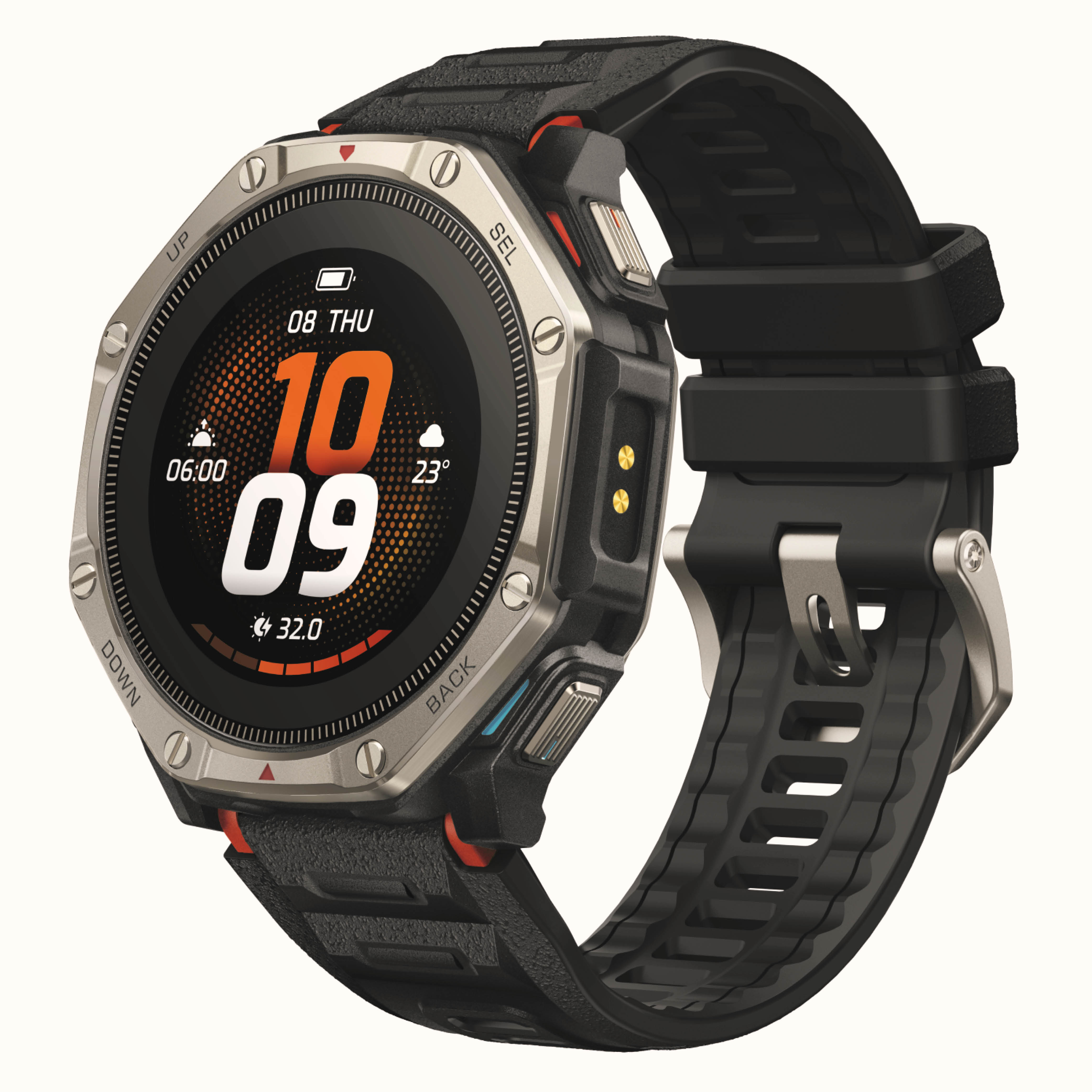 Robuste Smartwatch mit rundem Display, silberner Lünette und schwarzem Silikonarmband vor weißem Hintergrund.