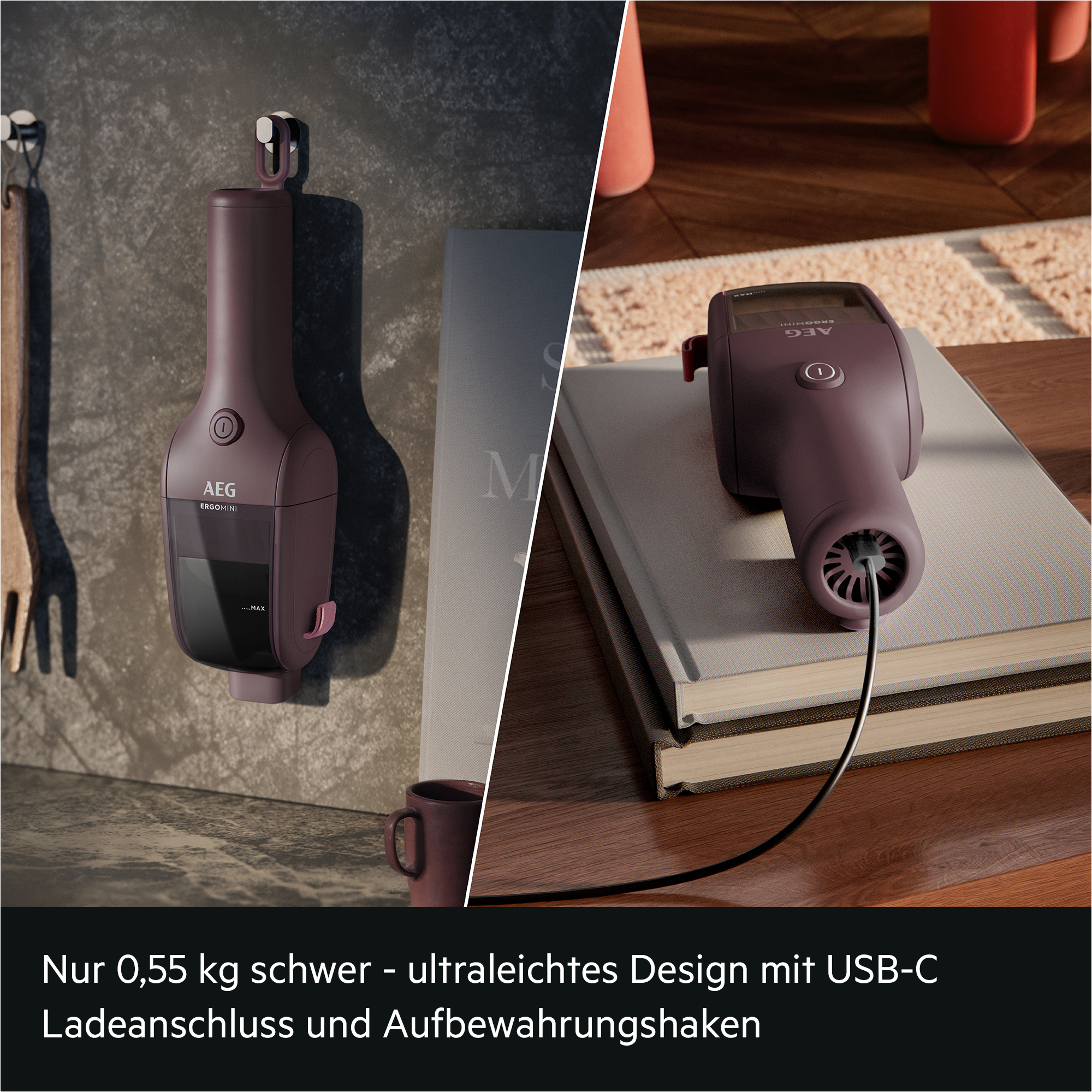 Ein lilafarbener Handstaubsauger hängt an der Wand und lädt auf stapelten Büchern mit einem USB-C-Kabel.