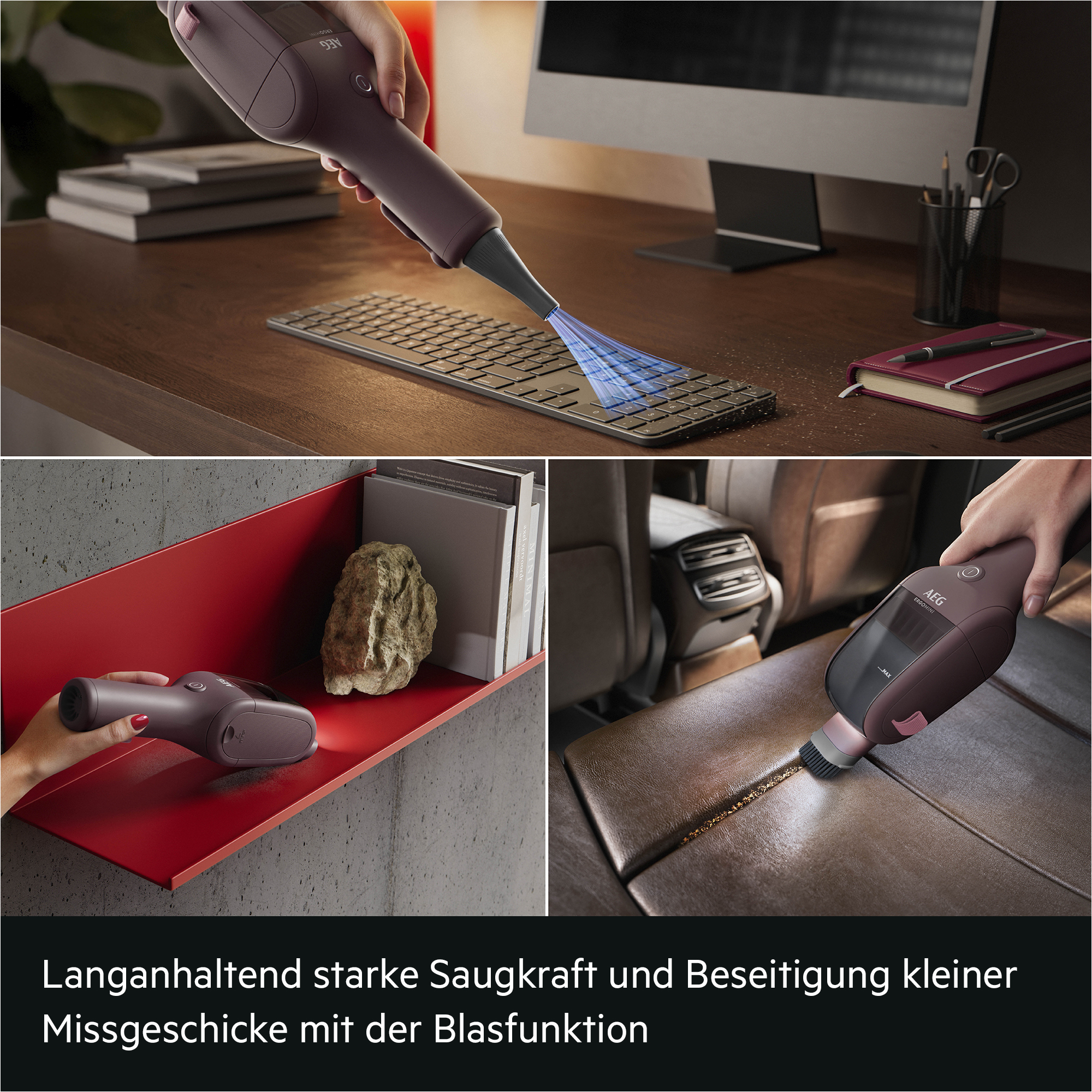 Ein Handstaubsauger reinigt eine Computertastatur, ein rotes Regal und einen Autositz.