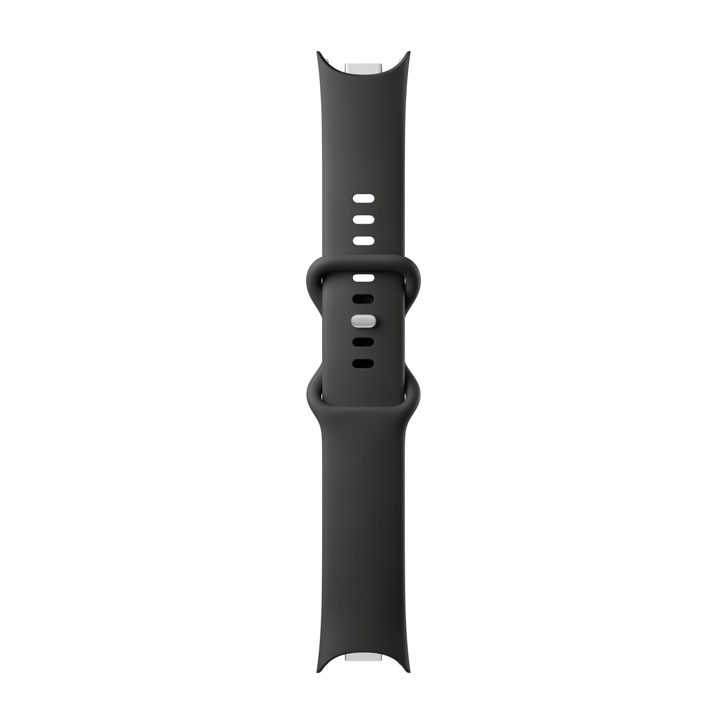 Ein schwarzes Smartwatch-Armband mit silberner Schließe und Schlaufe vor weißem Hintergrund.