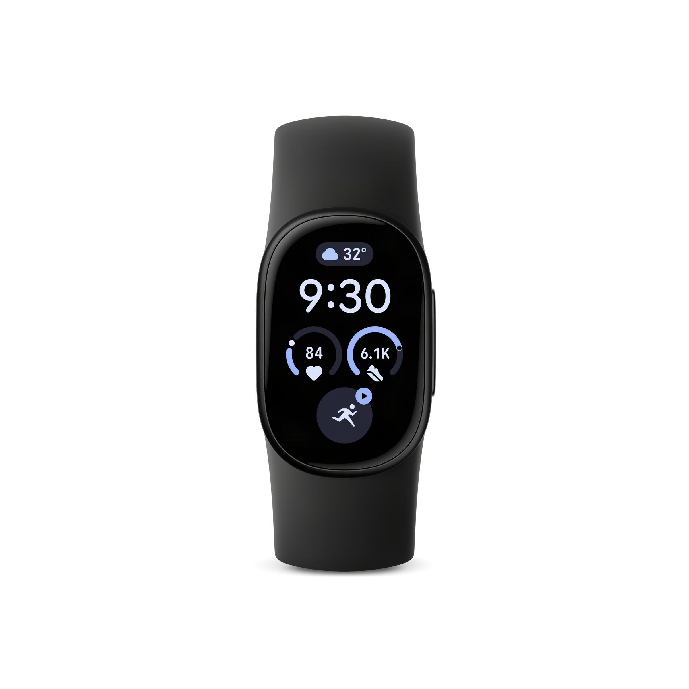 Schwarze Smartwatch mit Displayanzeige für Uhrzeit, Herzfrequenz und Aktivität.