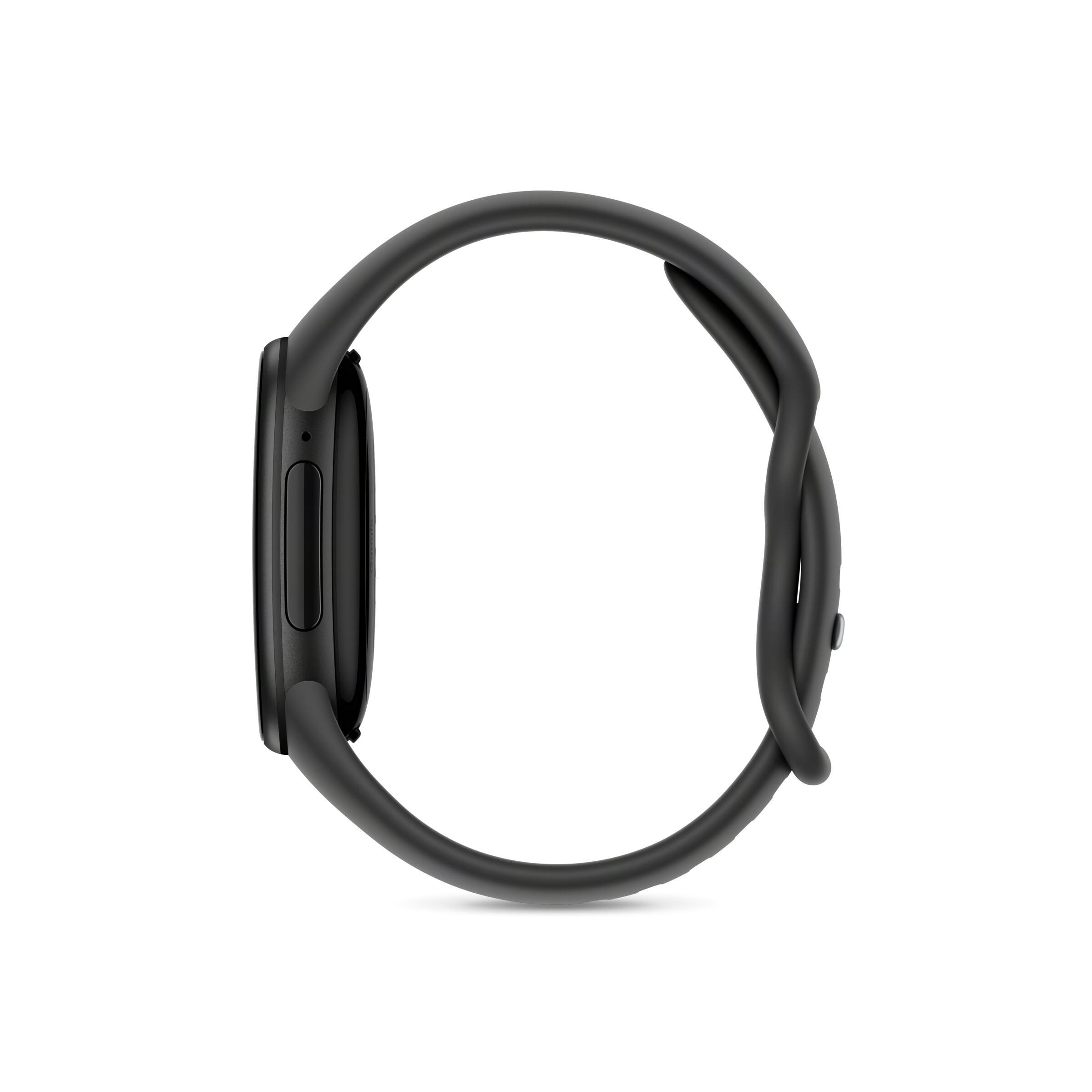 Eine schwarze Smartwatch mit weichem Band in der Seitenansicht vor weißem Hintergrund.