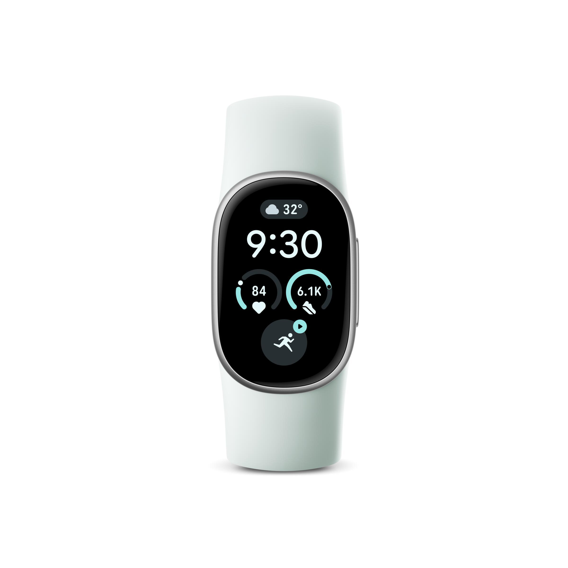 Eine weiße Smartwatch mit ovalem Display zeigt Uhrzeit, Temperatur, Herzfrequenz und Aktivitätsdaten an.