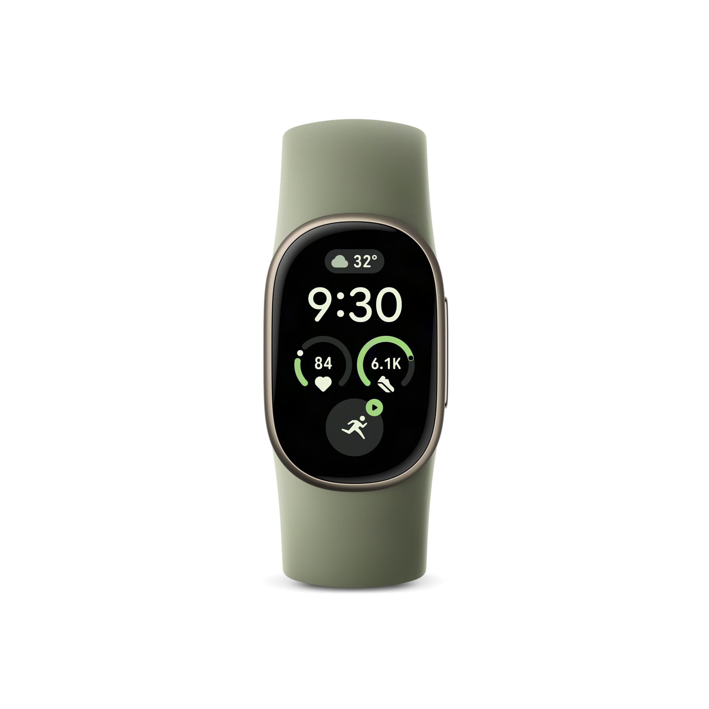 Eine olivgrüne Smartwatch mit schwarzem Display zeigt die Uhrzeit, Temperatur und Fitnessdaten an.