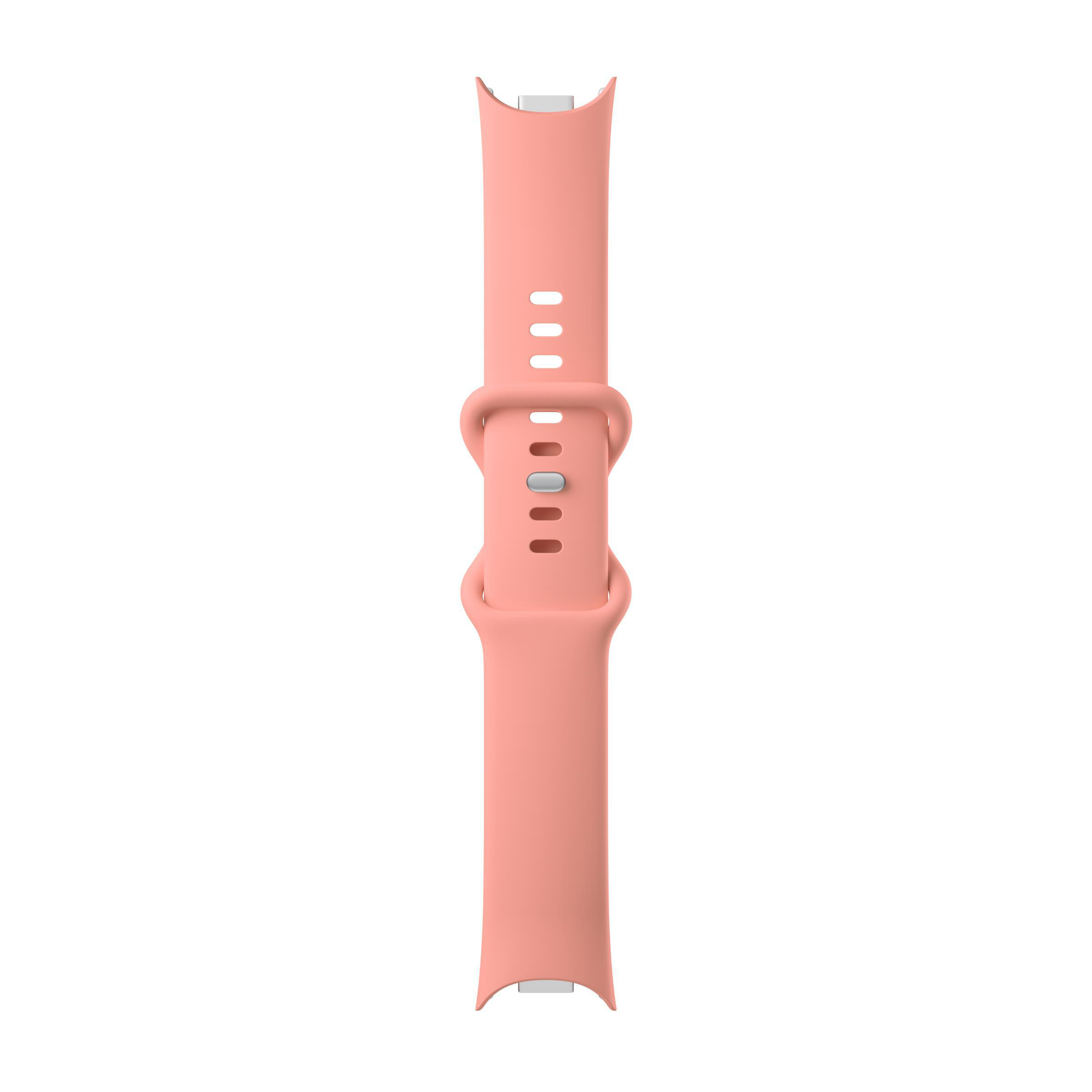 Ein rosafarbenes Silikon-Smartwatch-Armband mit verstellbaren Löchern und einer Schlaufe auf weißem Hintergrund.