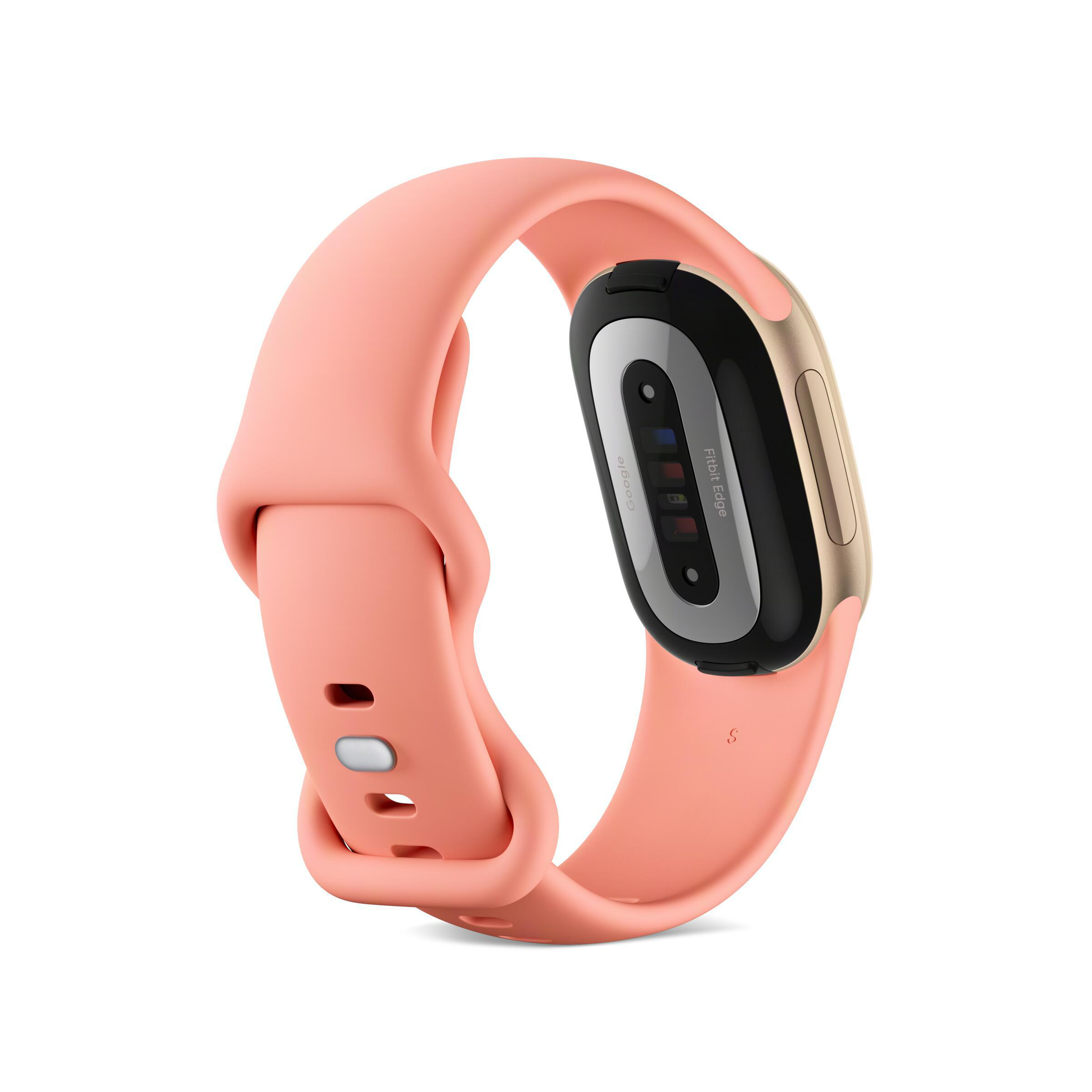 Rosa Fitnessarmband mit goldenem Gehäuse und schwarzer Unterseite auf weißem Hintergrund.