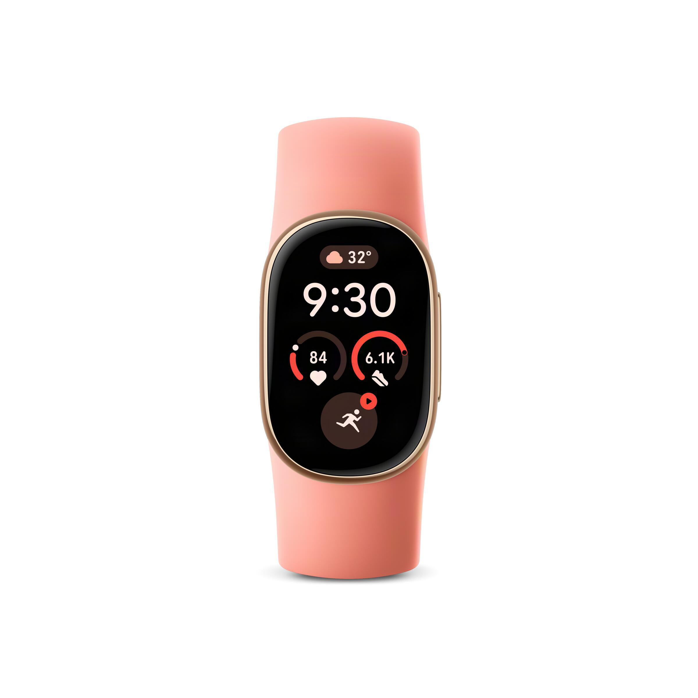 Rosa Fitness-Armband mit digitalem Display für Zeit, Herzfrequenz und Schritte.
