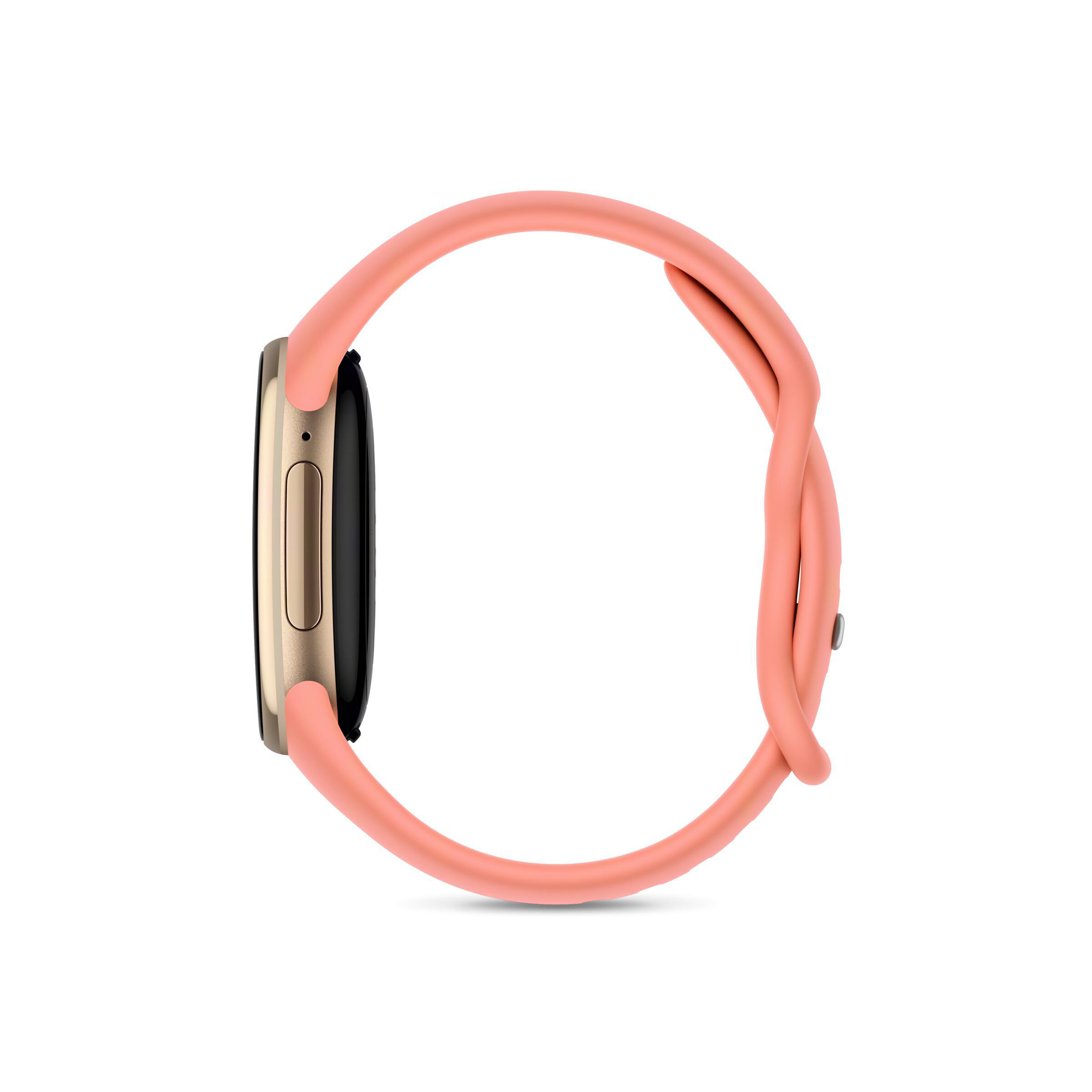 Eine rosafarbene Smartwatch von der Seite mit einem Goldgehäuse auf weißem Hintergrund.