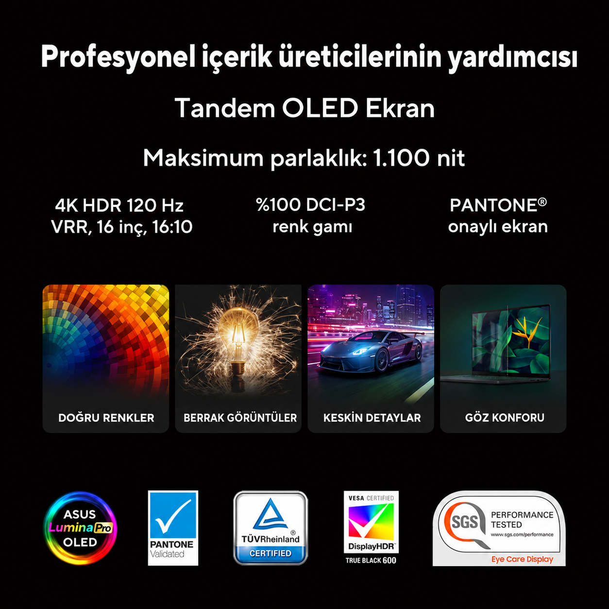 Ekran özellikleri ve sertifikalarıyla birlikte OLED dizüstü bilgisayarın teknik özellikleri.