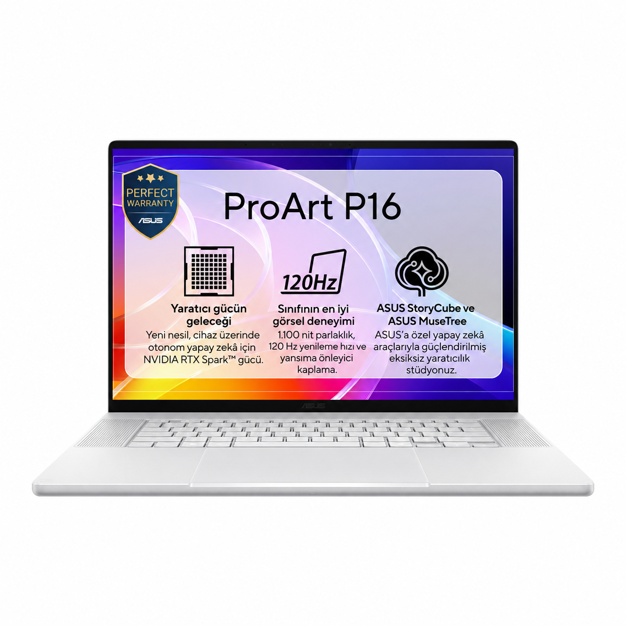 Ekran ve metin içeren gümüş renkli ASUS ProArt P16 dizüstü bilgisayarın önden görünümü.