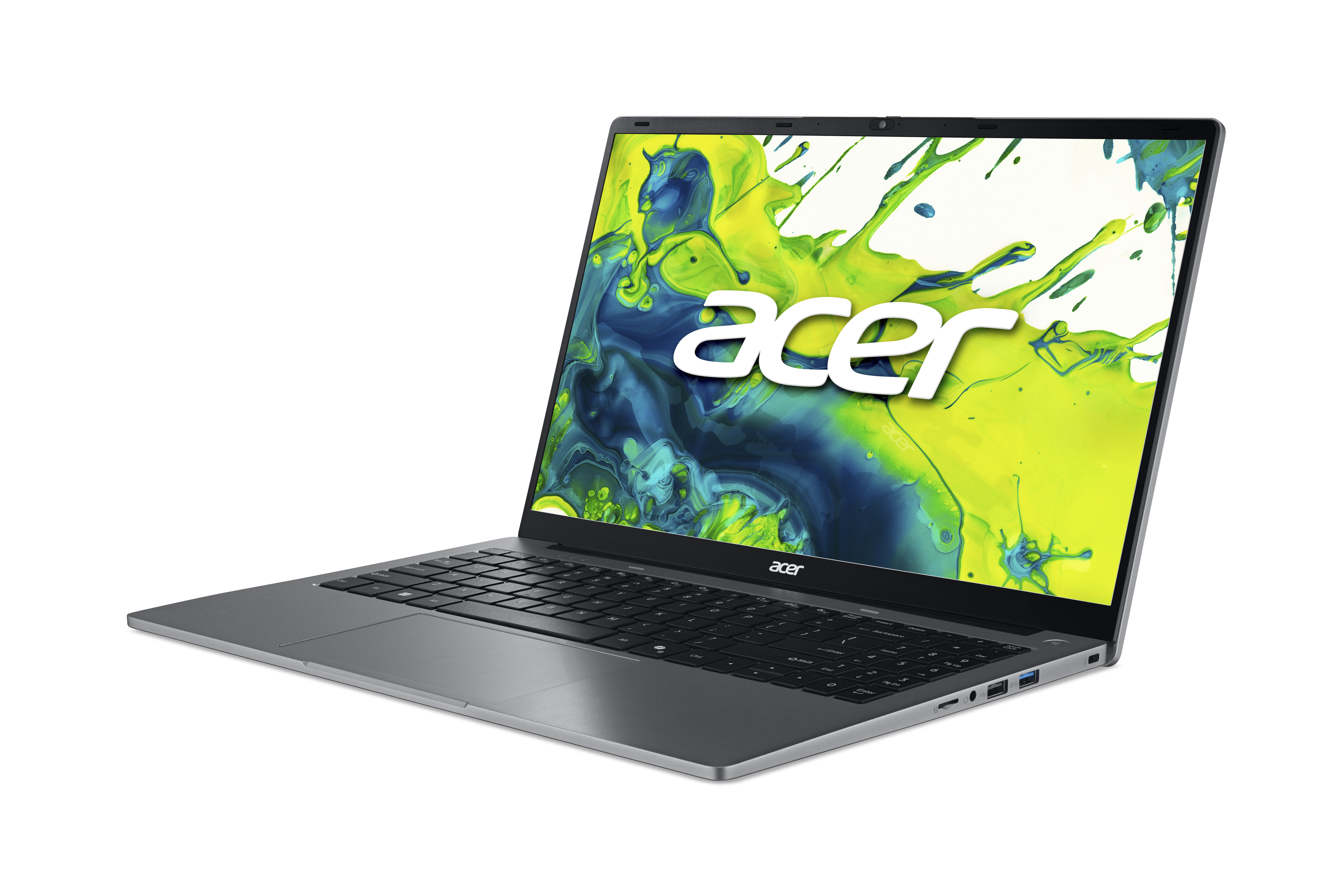 Ein silberner Acer-Laptop vor schwarzem Hintergrund zeigt einen grünen und blauen Bildschirmhintergrund.