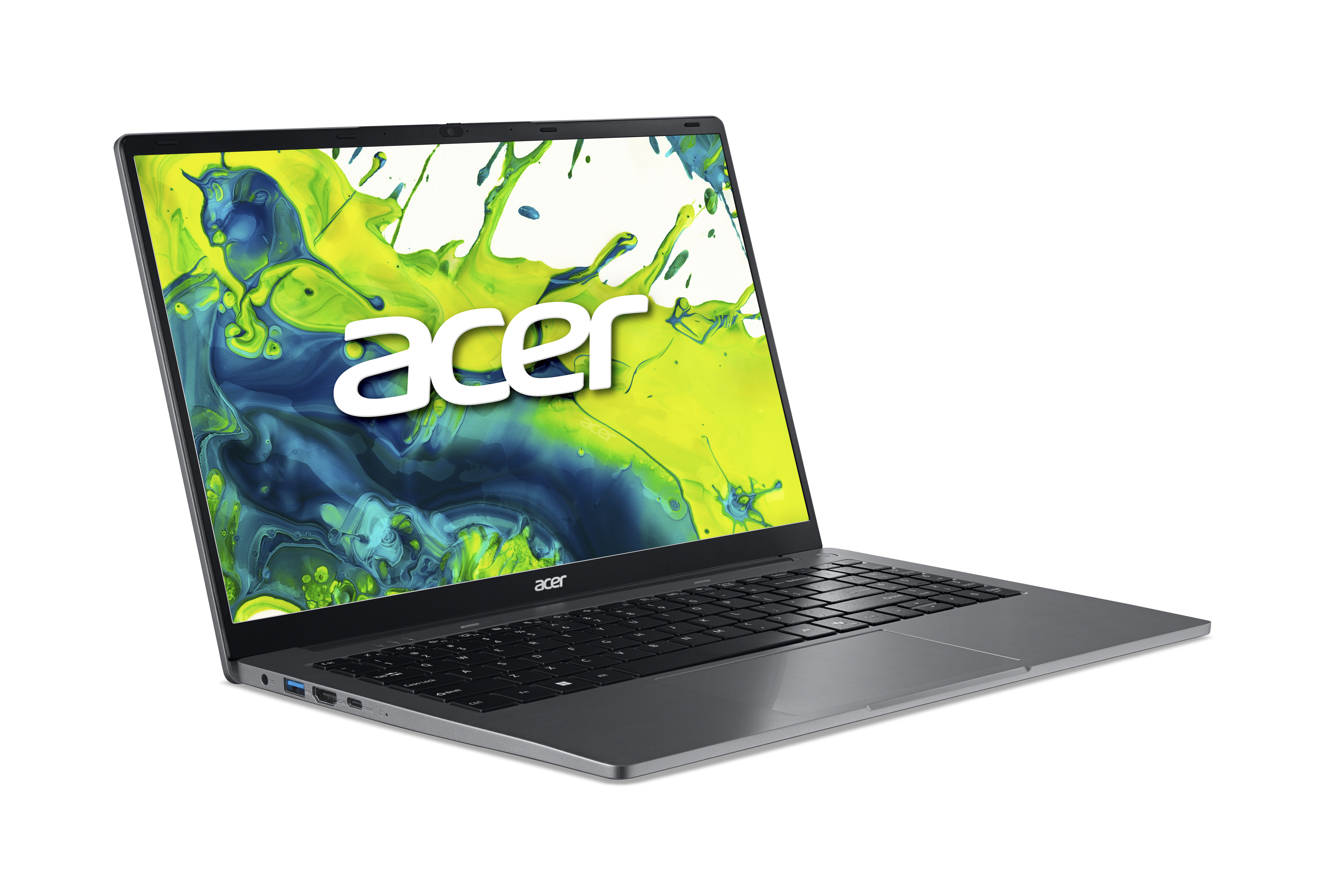 Ein offener Acer-Laptop vor schwarzem Hintergrund zeigt ein hellgrünes und blaues abstraktes Hintergrundbild.
