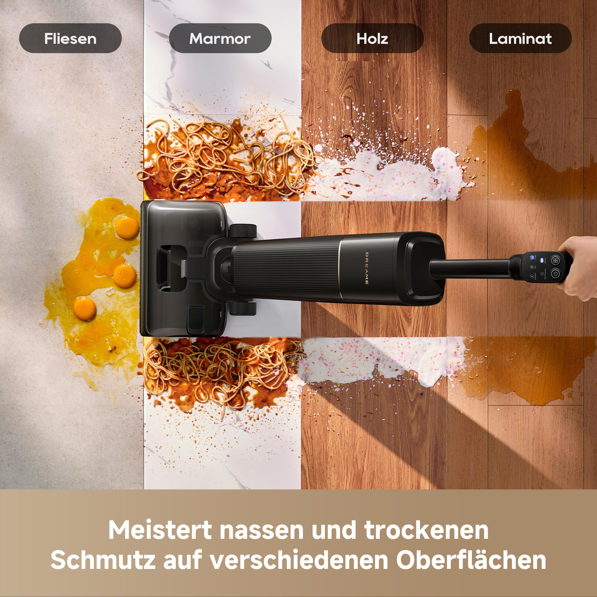 Ein schwarzer Nass- und Trockensauger reinigt verschiedene Bodenbeläge wie Fliesen, Marmor, Holz und Laminat mit Schmutz.