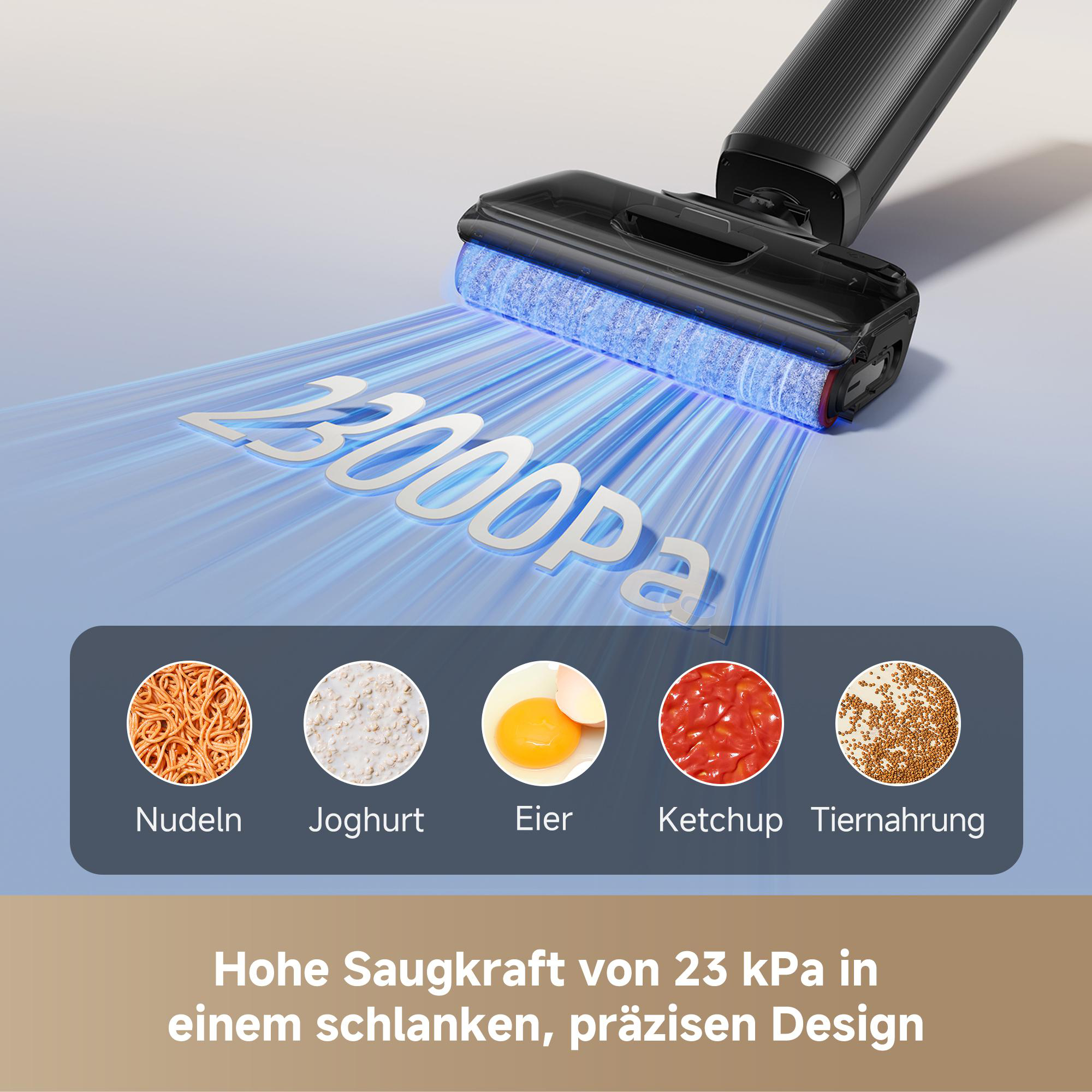 Ein schwarzer Staubsaugerkopf mit blauer Beleuchtung und 23000Pa Saugkraft, reinigt Nudeln, Joghurt, Eier, Ketchup.