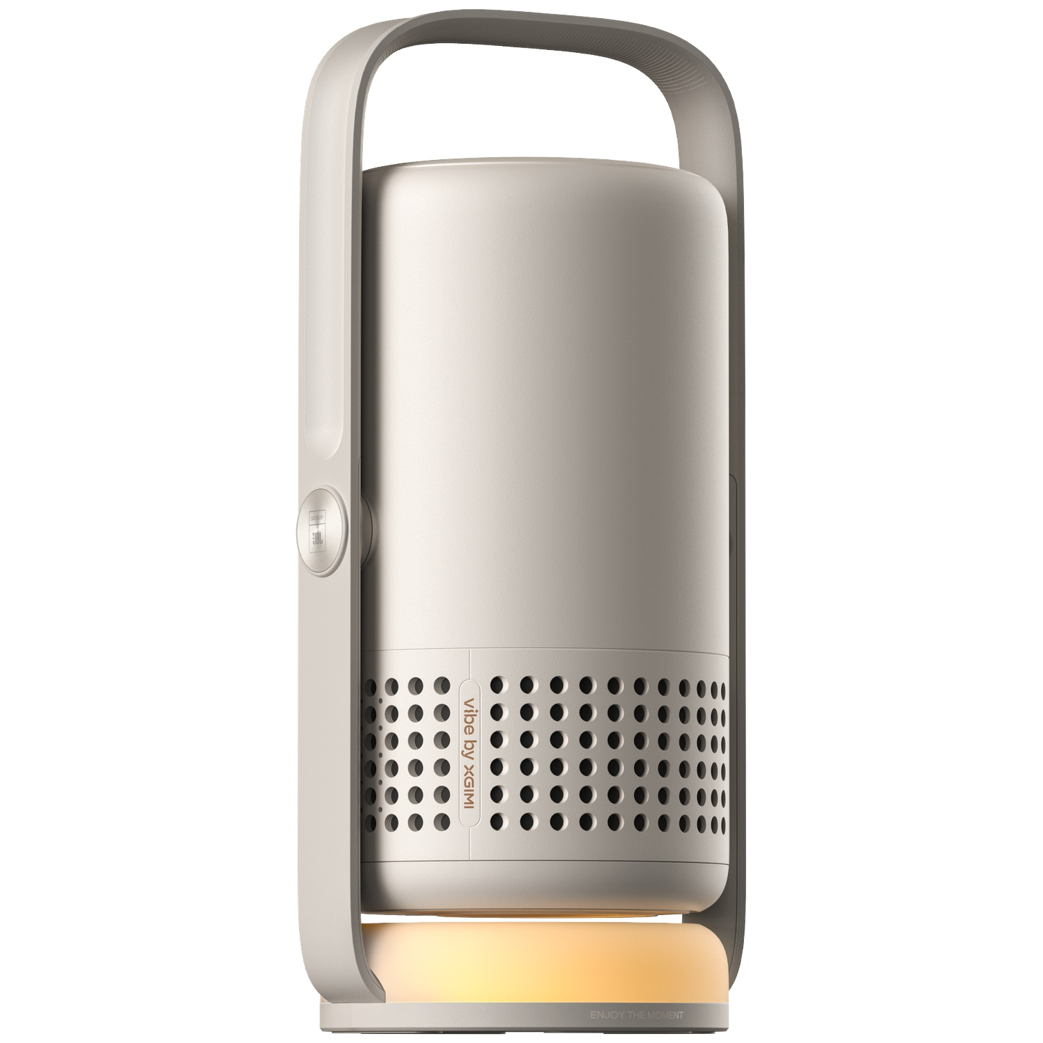A beige cylindrical projector with a carrying handle and warm light at the base.