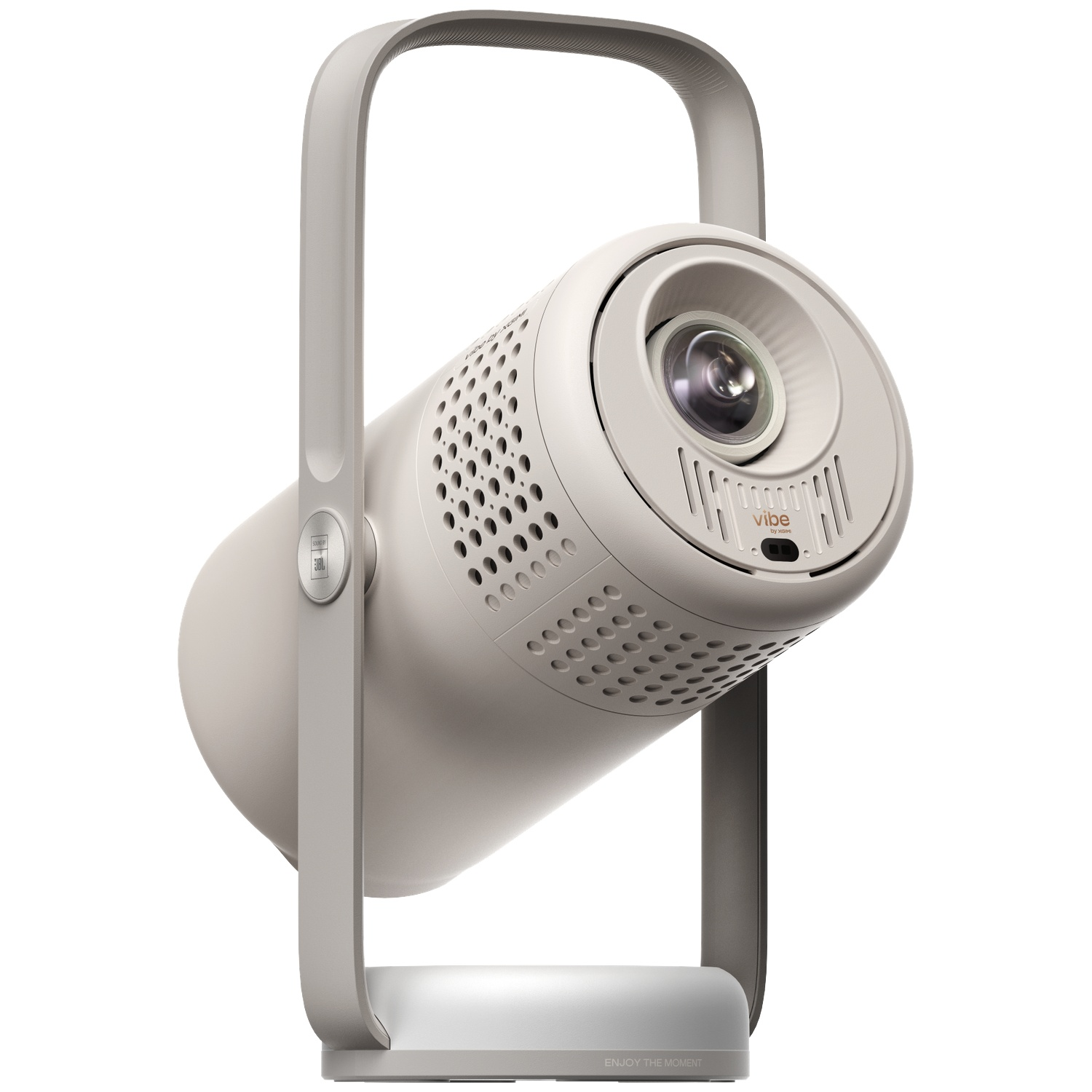A beige XGIMI projector with an integrated stand and perforated casing on a white background.