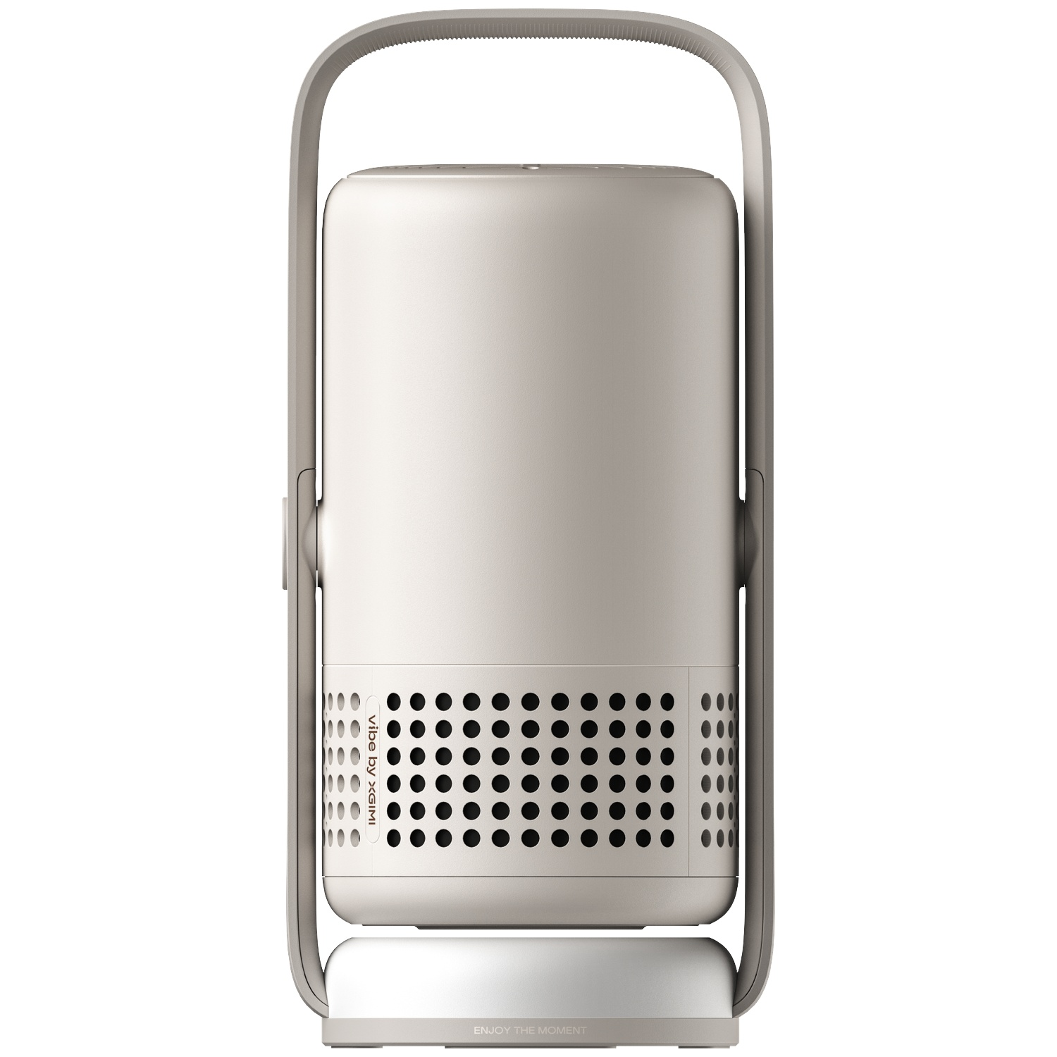 A beige cylindrical projector with an integrated handle against a white background.