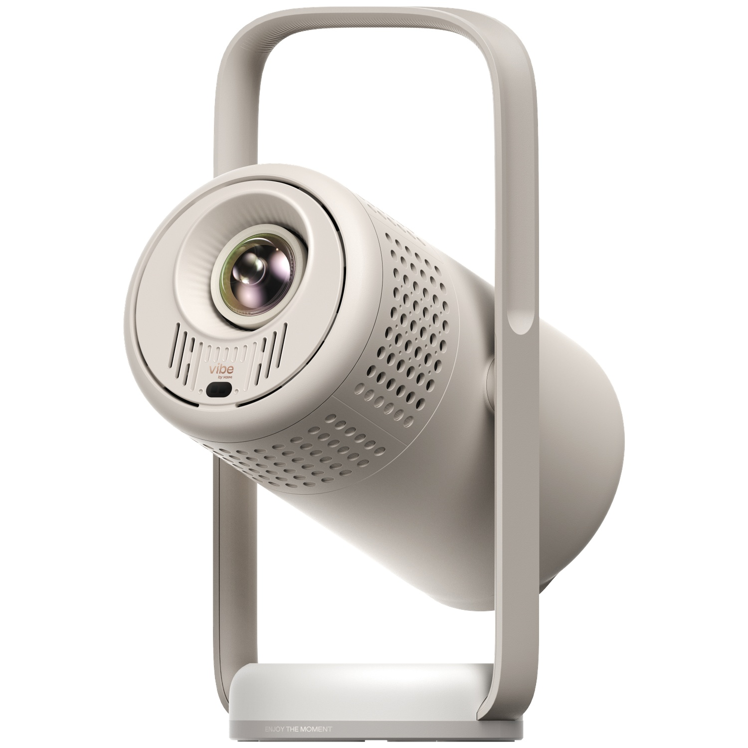 A beige cylindrical projector with a handle and lens, mounted on a white stand against a plain background.