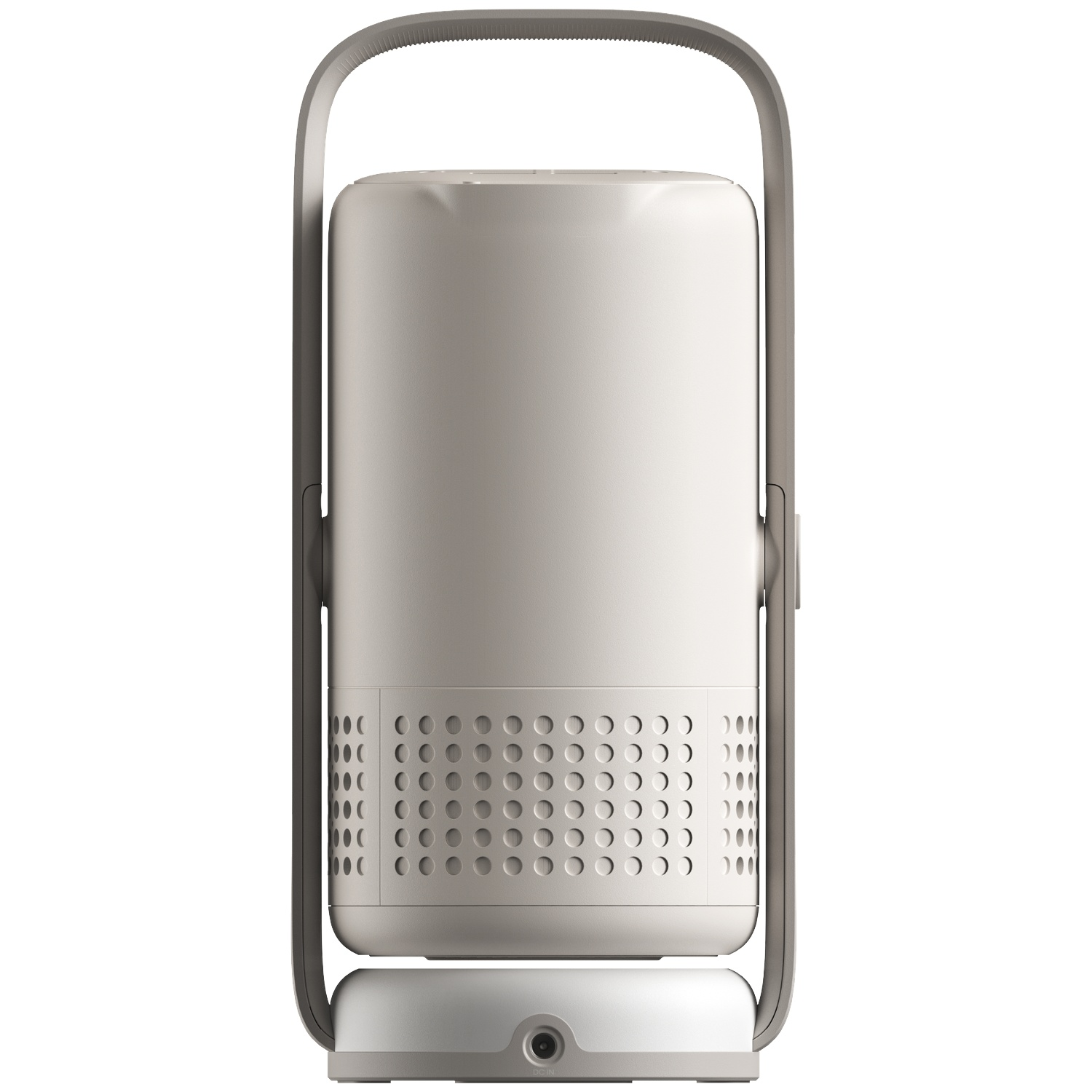 A beige cylindrical wireless speaker with a pivoting gray handle and a perforated grille base.