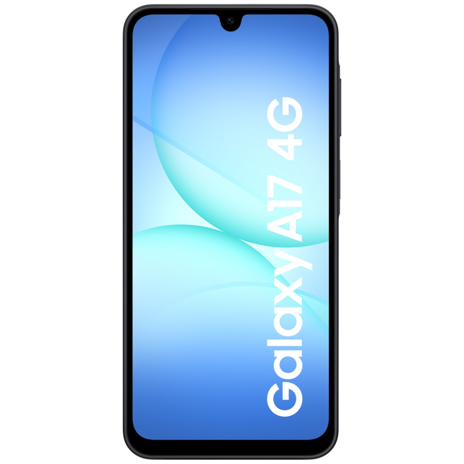 Un smartphone noir affichant un fond d'écran bleu avec le texte Galaxy A17 4G.