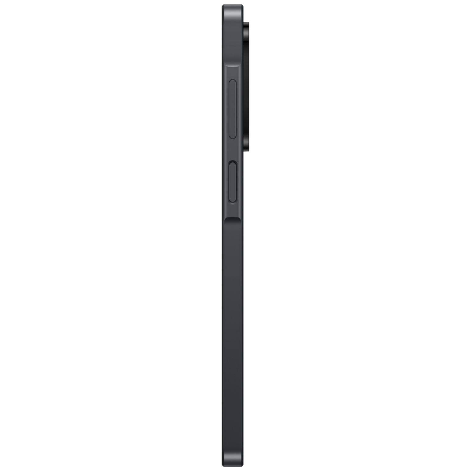 Vue latérale d'un smartphone noir montrant des boutons physiques sur le bord gauche et un cadre plat.