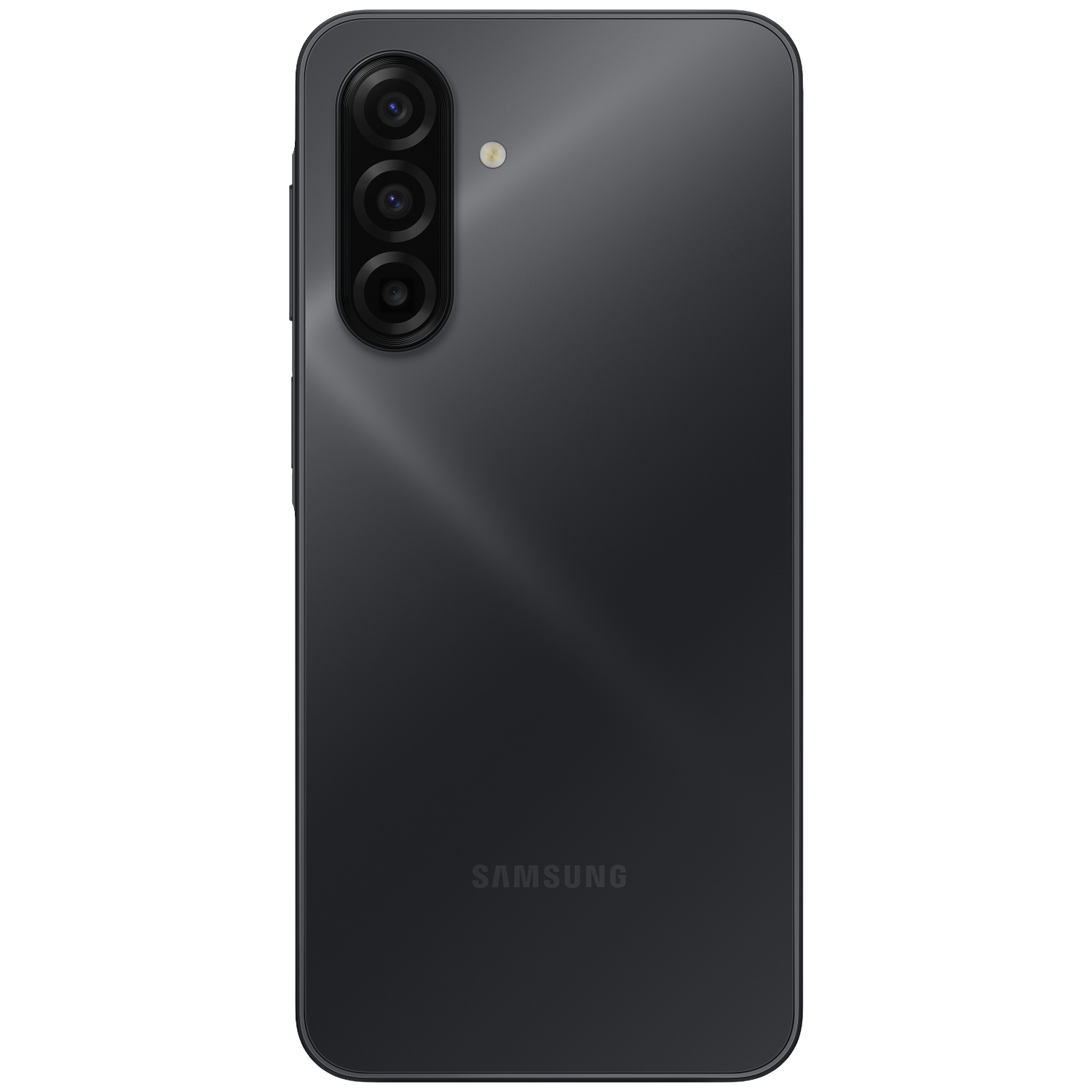 Dos d'un smartphone Samsung noir avec un triple appareil photo vertical et un flash LED.