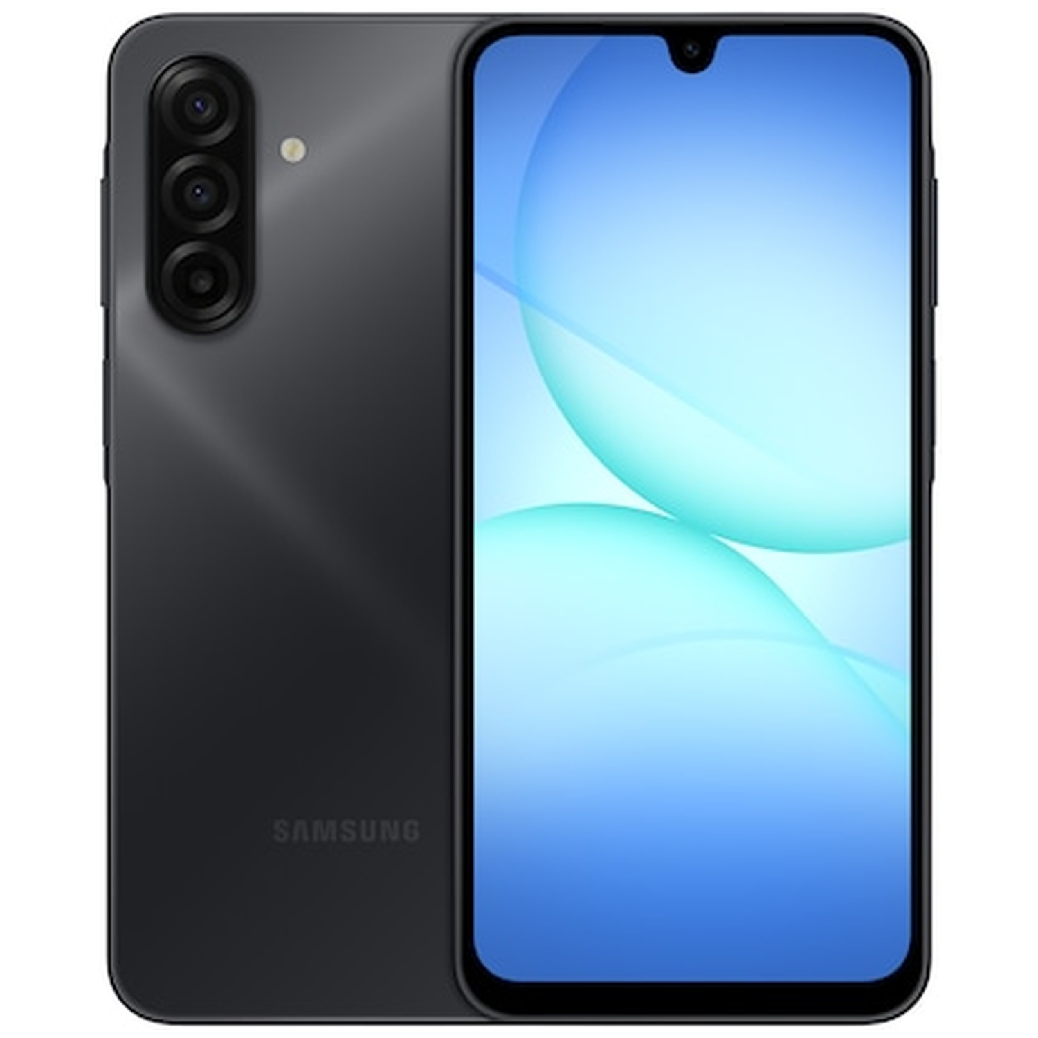 Vue avant et arrière d'un smartphone Samsung sombre avec triple caméra.