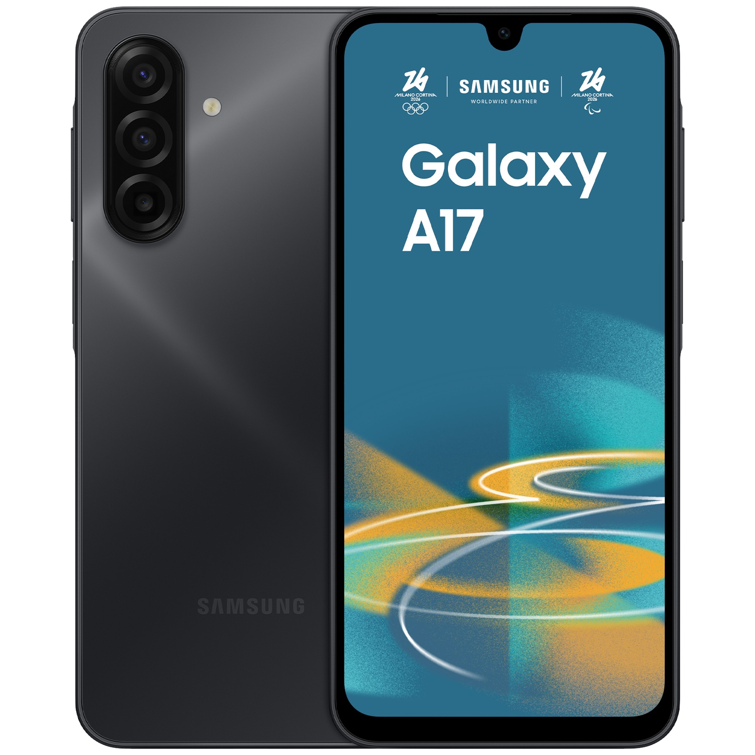 Vues avant et arrière d'un smartphone Samsung Galaxy A17 gris foncé avec triple appareil photo.