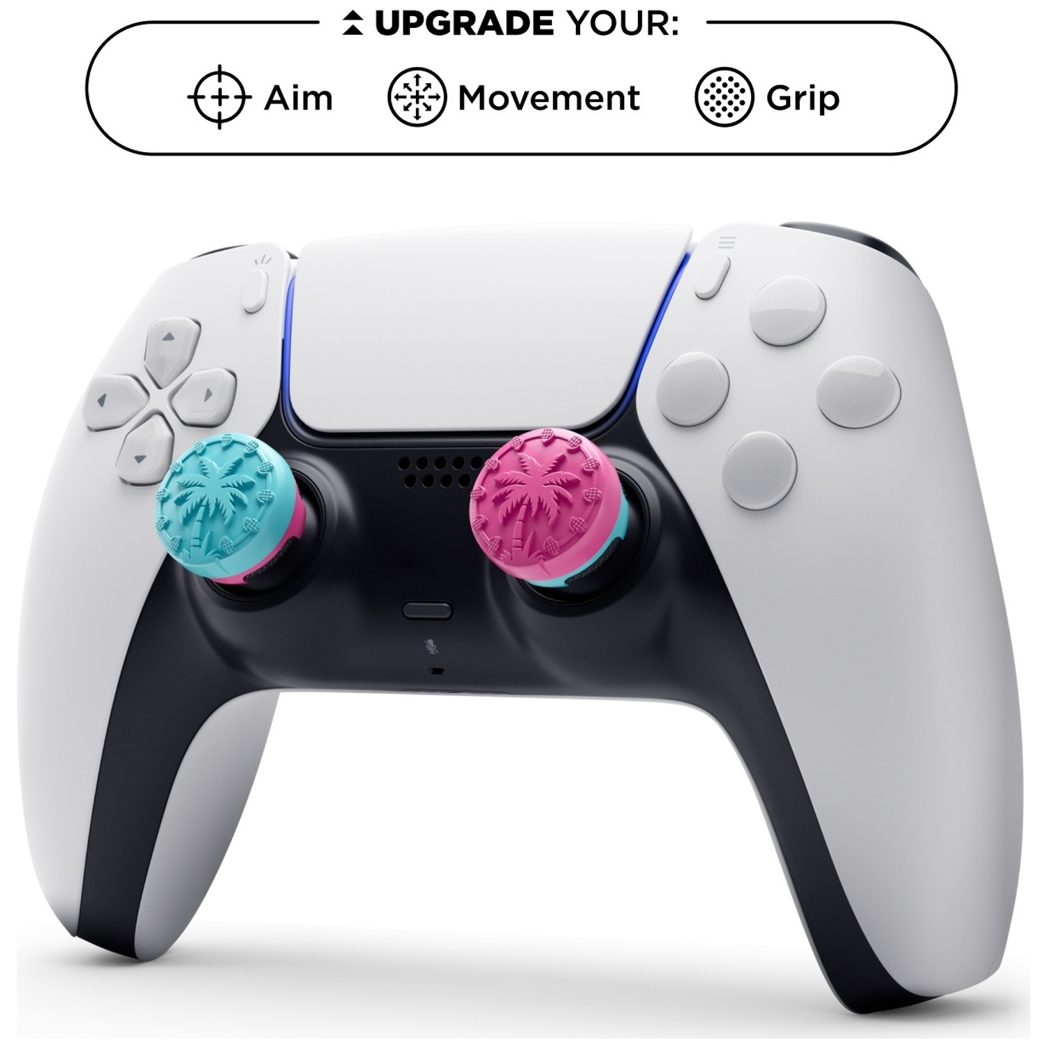Witte PlayStation 5-controller met blauwe en roze palmboom duimstickgrepen op een witte achtergrond.