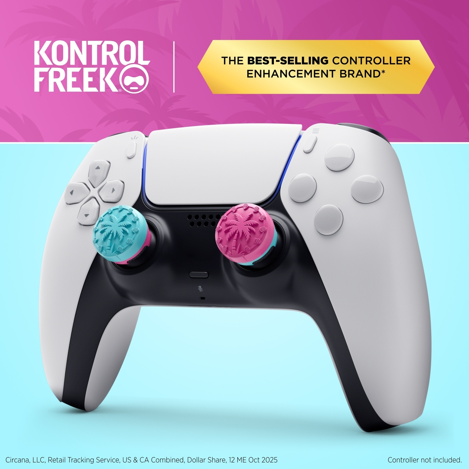 Witte controller met blauwe en roze duimgrepen tegen roze en blauwe achtergrond.