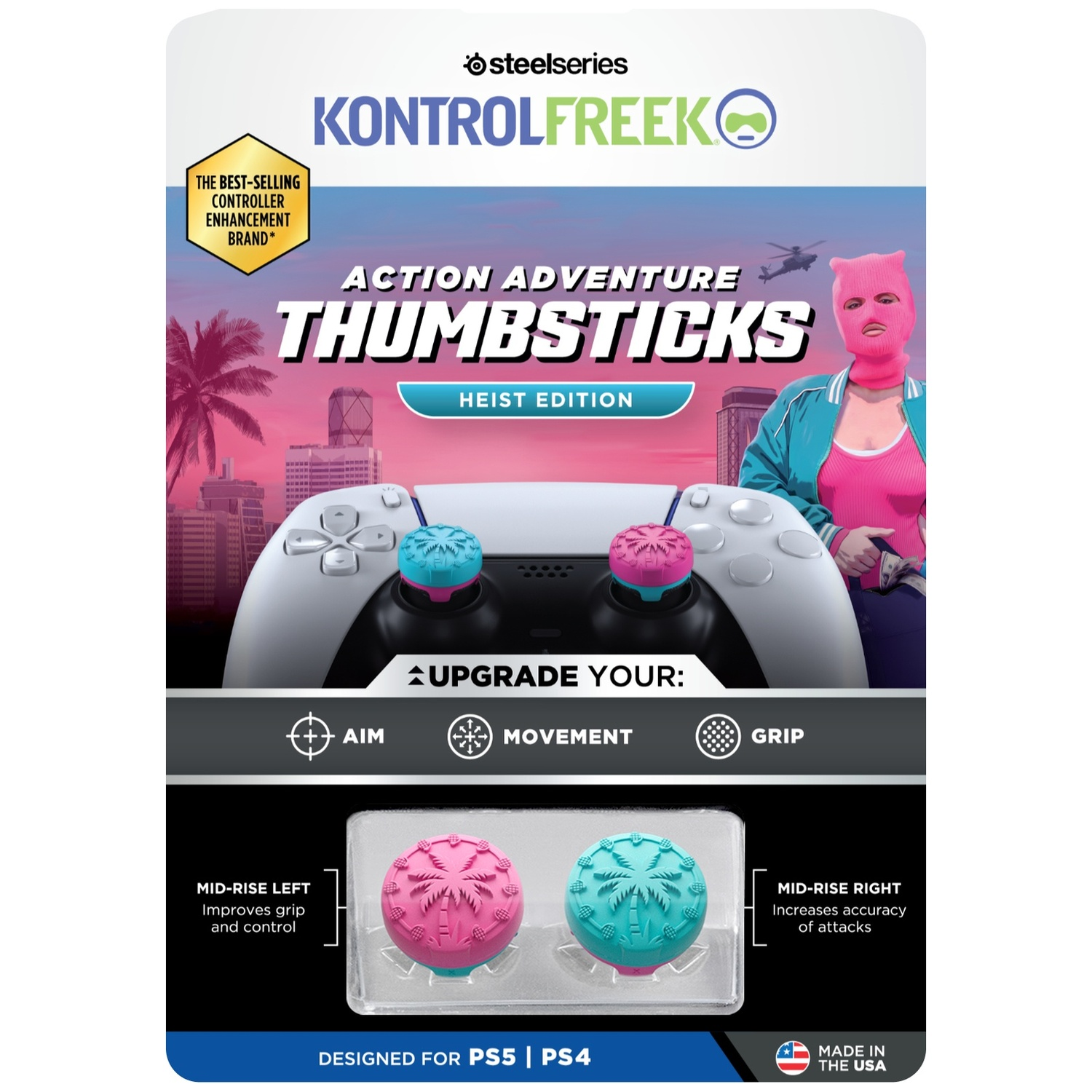 Productverpakking van SteelSeries KontrolFreek Action Adventure duimsticks voor PS5 en PS4.