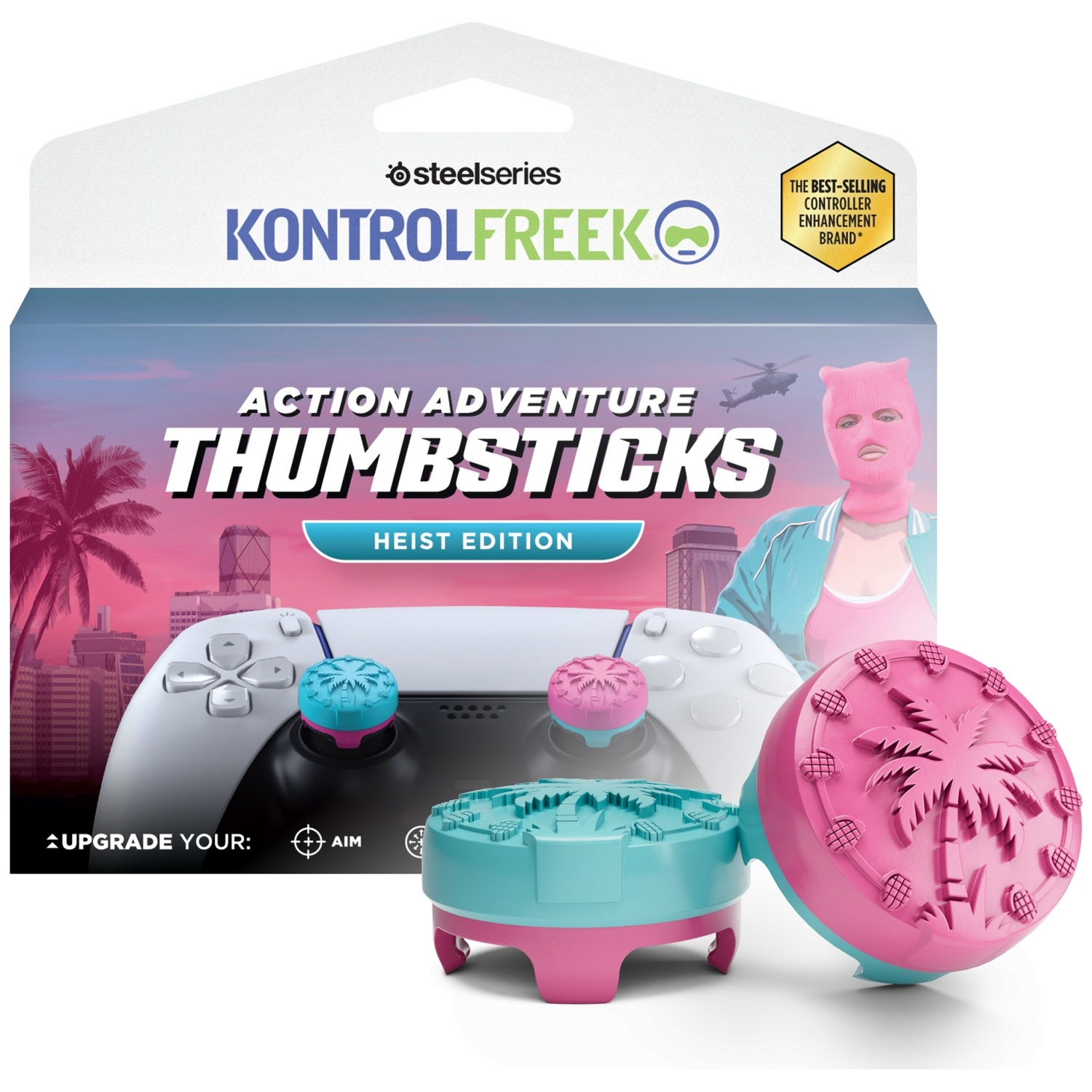 KontrolFreek Action Adventure Thumbsticks verpakking met blauwe en roze palmpjes voor een witte controller.